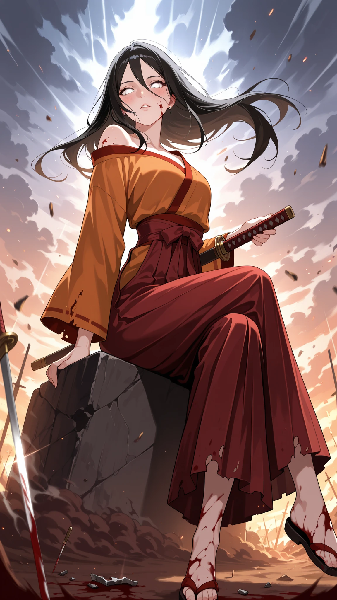 BREAK (masterpiece:1.2), best quality, high resolution, unity 8k wallpaper, (illustration:0.8), (beautiful detailed eyes:1.6),Epic battlefield at dawn, vast war-torn landscape, smoke and fire in the distance, clashing armies with swords and banners, muddy ground with reflections of fire, broken weapons scattered, dramatic sky with rays of light piercing through clouds, cinematic lighting, ultra-realistic, high detail, motion blur, sense of chaos and heroism,floating hair,blush, seductive expression,piercing,chocker,looking at viewer,blood on face,blood on body, hanabi hyuuga, long hair, black hair, hair between eyes, white eyes, no pupils,skirt, long sleeves, japanese clothes, kimono, sandals, hakama, orange kimono, red hakama,cleavege,katana in hand,cowboy shot,bare shoulder,arched back,sitting,cross legs,from below,