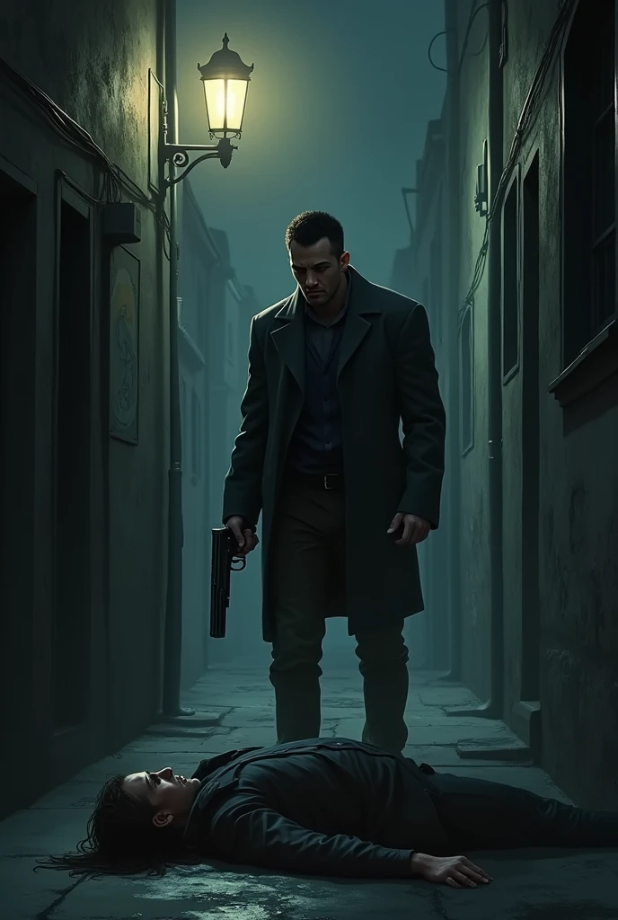 Highest quality, movie quality, scene on the verge of death, ruins, smoking, blood, coat, man (35 years old, tsuntsun head, black hair, coat in a suit, holding a gun in hand, lying on back), rain, fog
