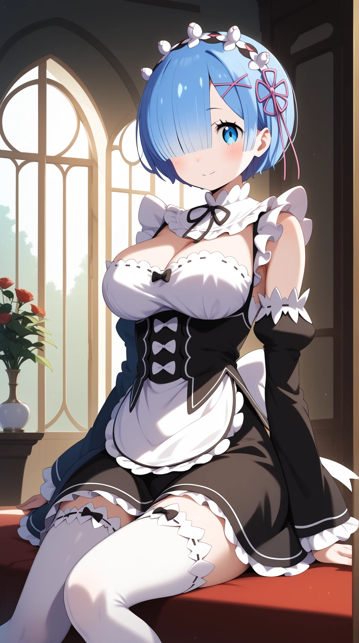 Rem,masterpiece, best quality, highres, aarem, short hair, maid headdress, x hair ornament, hair ribbon, hair over one eye, large breasts, frills, neck ribbon, cleavage, dress, detached sleeves, white apron, waist apron, white pantyhose, standing, cowboy shot, smile, indoors, v arms, hand between legs, skirt lift,((pussy)),(((cum in Pussy:1.2))),((Sperm flows out))