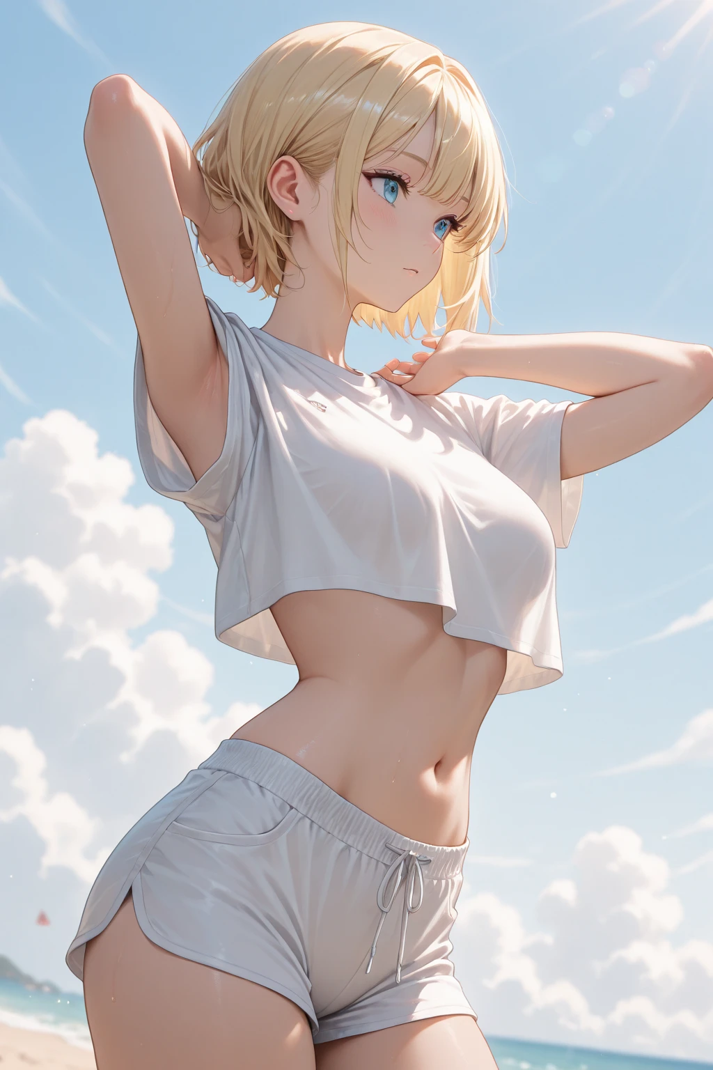 Hermosa chica rubia con pelo largo muy sexy con tetas muy pero que muy grandes, enormes y solo con una camisa blanca abierta y con un tanga tiro de vaquero. And a boy with short hair fucks her from behind, vista frontal 