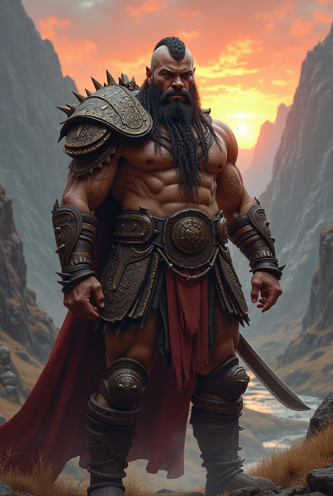 A Strong man, commanding figure with a muscular build. Wears traditional warrior attire with a feathered headdress, a red and brown cape, and carries a spear and shield.