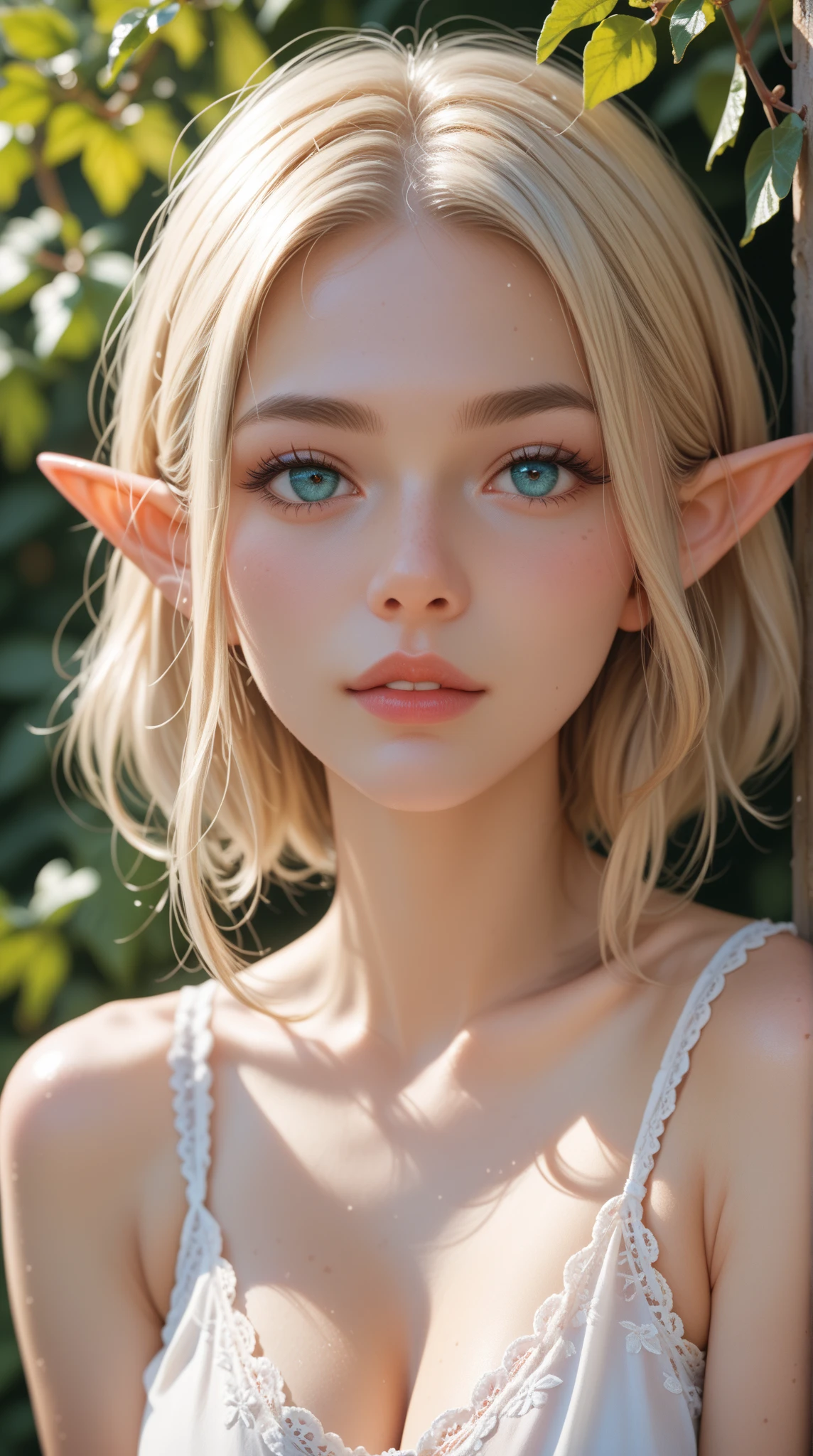 PastelGothAI, elf, pointy ears, blonde hair with red strands,
