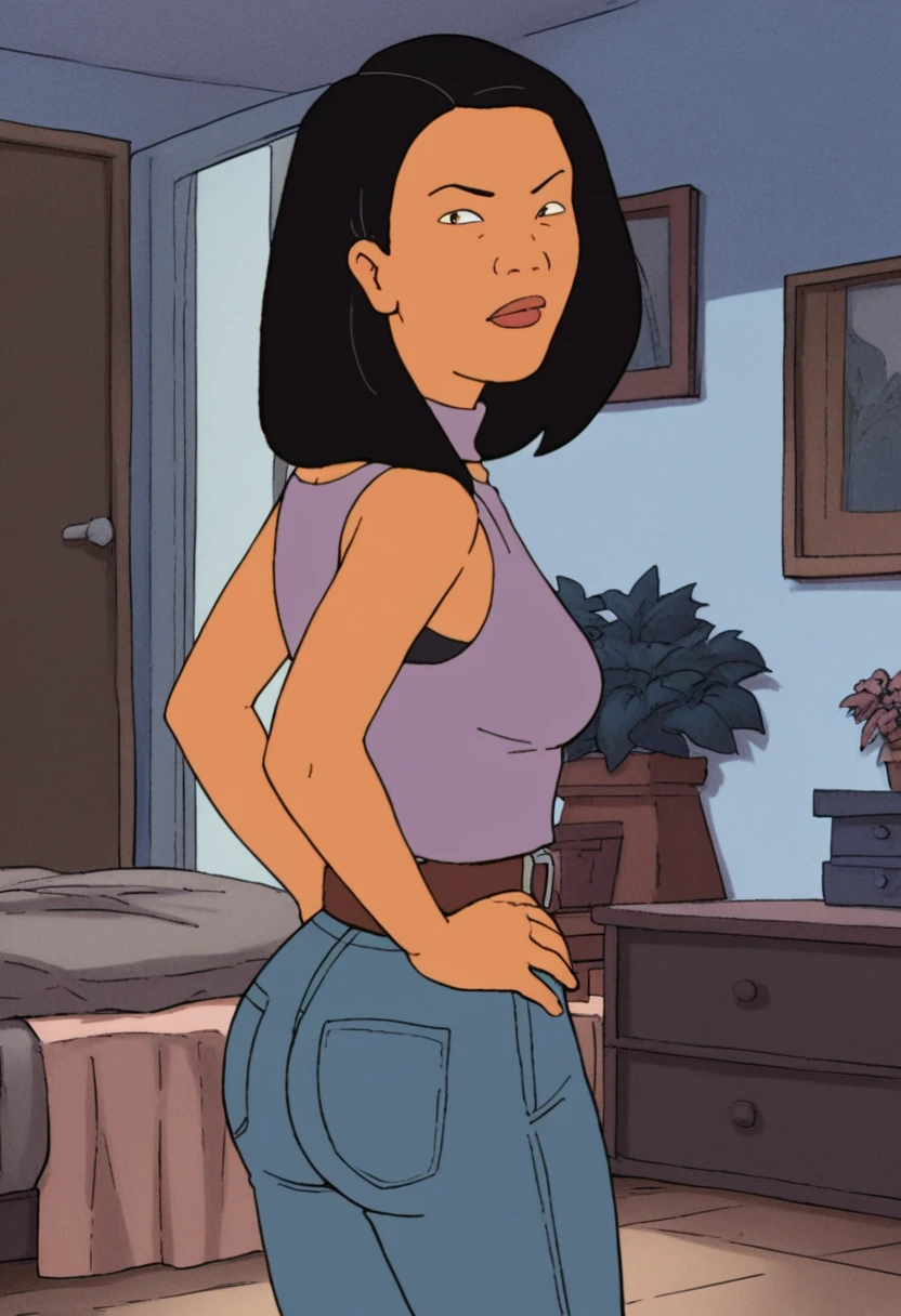 score_9_up,score_8_up,score_6,score_5,score_4, hayley, 1girl, black hair, long hair, solo, necklace, jewelry, tank top, headband, midriff, black lace panties, sandals, belt, navel piercing, smile, full body, toon \(style\), standing , by sofa, living room, sexy, spread legs, cameltoe, wet skin, ass, ass focus, spread ass, ass zoom in, back view,