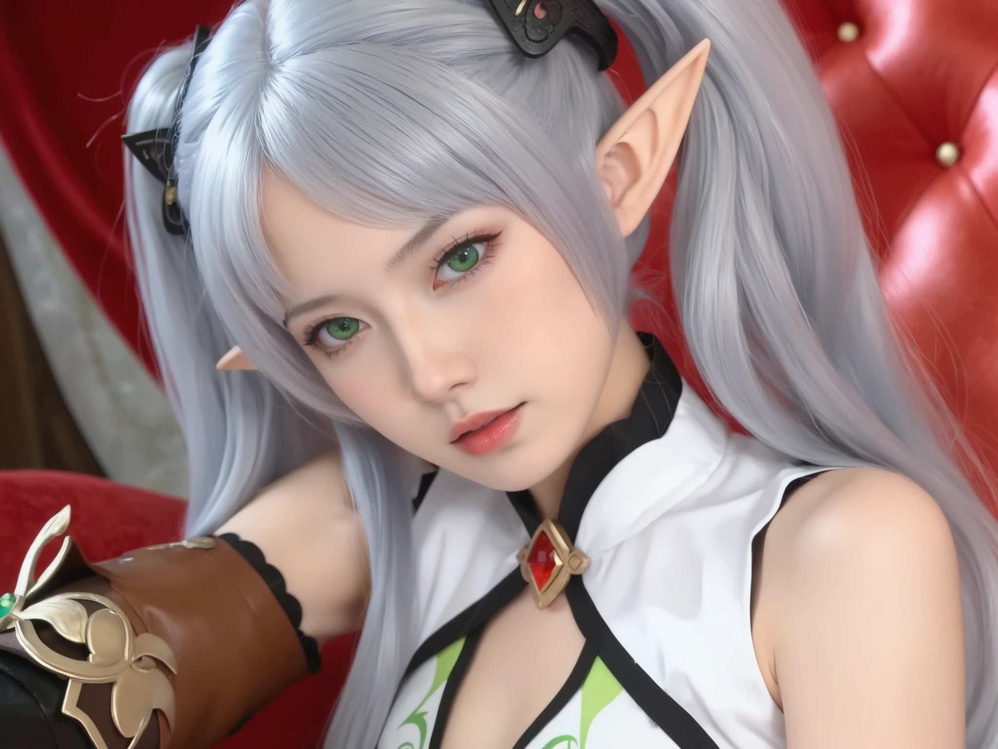 ,frieren, long hair, twintails, green eyes, grey hair, pointy ears, elf, small breasts, anime screencap,frier3n, pointy ears, twintails, elf, long hair, green eyes, parted bangs, white hair, ela está totalmente nua , mostrando a buceta , totalmente pelada, brown boots, ela está sentada de pernas abertas mostrando sua bucetinha, pornografia