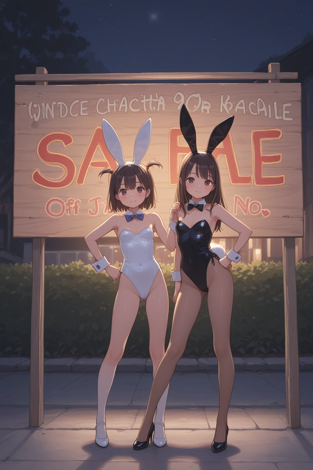 masterpiece, best quality, 2girls, 10yo, (petite),
happy, leaning forward, (wearing bunny outfit), open clothes, nipples, bare small breasts, strip_club_venue, neon,
