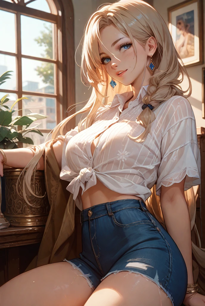 (((NSFW))), navel, Chopping, (Bigchest: 1.2) ciri, There is water on the body, The clothes are soaked, ((super mini skirt, tight body, Public hair huge, )), white  shirt, tight body, Ultra-thin shirt, (Extra short shirt, heavy rain poured), wetclothes, long whitr hair, brunette color hair, curlies, 二重まぶた, ear nipple ring, Not wearing a bra, , no underwares, Curved body, , perfect bodies, ((Luzes Realistas, Best quality, 8K, tmasterpiece:1.3)), tack sharp focus:1.2, 1个Giant Breast Girl, Beautiful Women with Perfect Figure:1.4, Slim abs:1.1，Ultra-fine face，Fine Eye，二重まぶた，