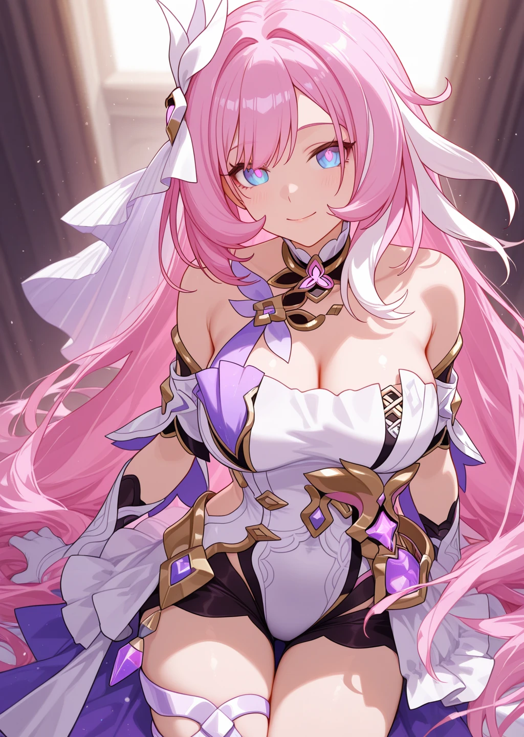 an elf mage, long lilac hair, bangs, large breasts, exposed thighs, hair between eyes, heroic posture, lilac eyes, full body, golden, white and purple robes, confident, fantasy, medieval, medieval castle, rays of sun