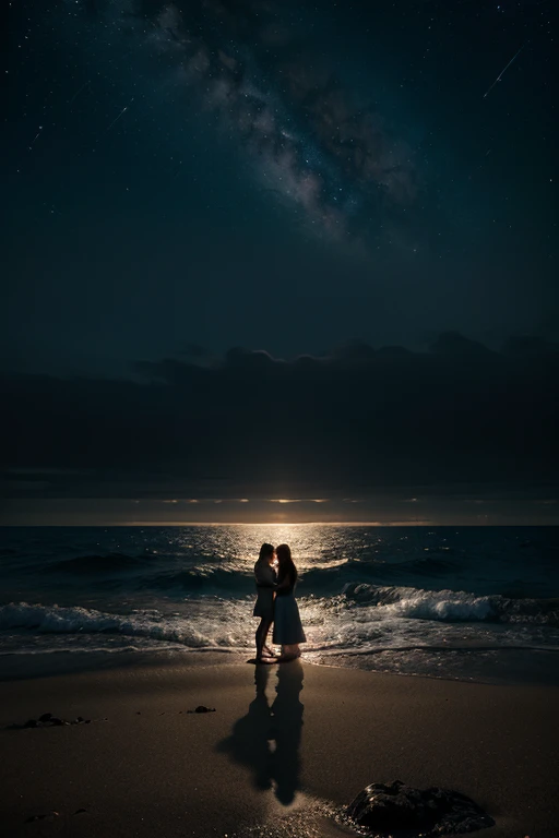 Create a couple lover realistic photo under an outstanding scene of starry night, photo taken from below