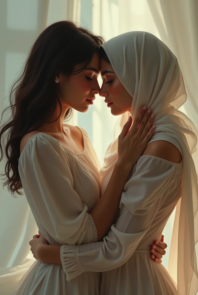 two beautiful hijab indonesian lesbian girl laying down, her bra strap is open on one side ,hugging,french kiss,daytime,,top view