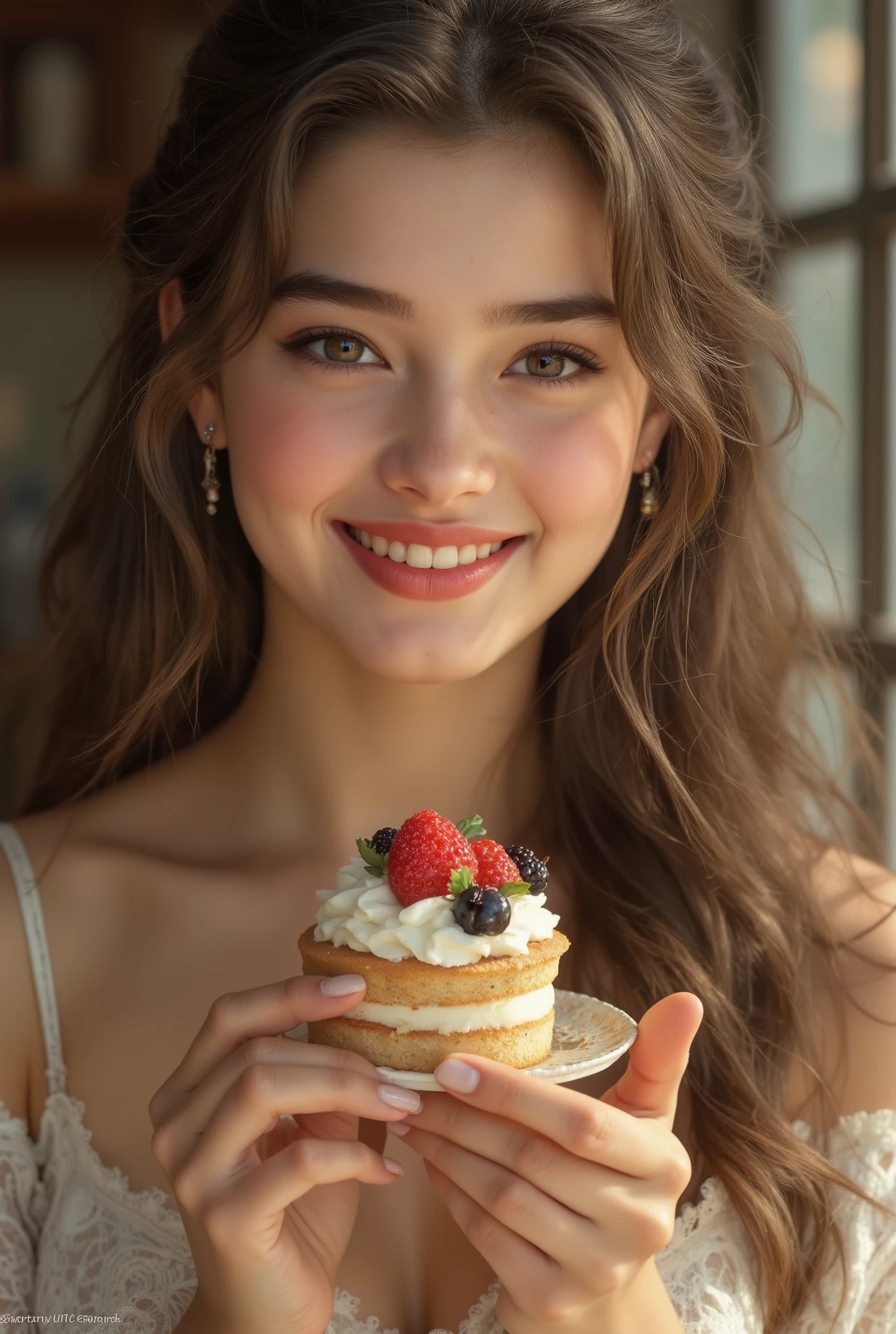 beautiful girl,holding a delicious cake in hand,smiling,graceful expression,wearing a fashionable dress,High Key Lighting,Dreamy atmosphere,precise description,8K rendering,realistic skin,Painting-like texture,Natural Light,understated colors,deep depth of field,Classic portrait style