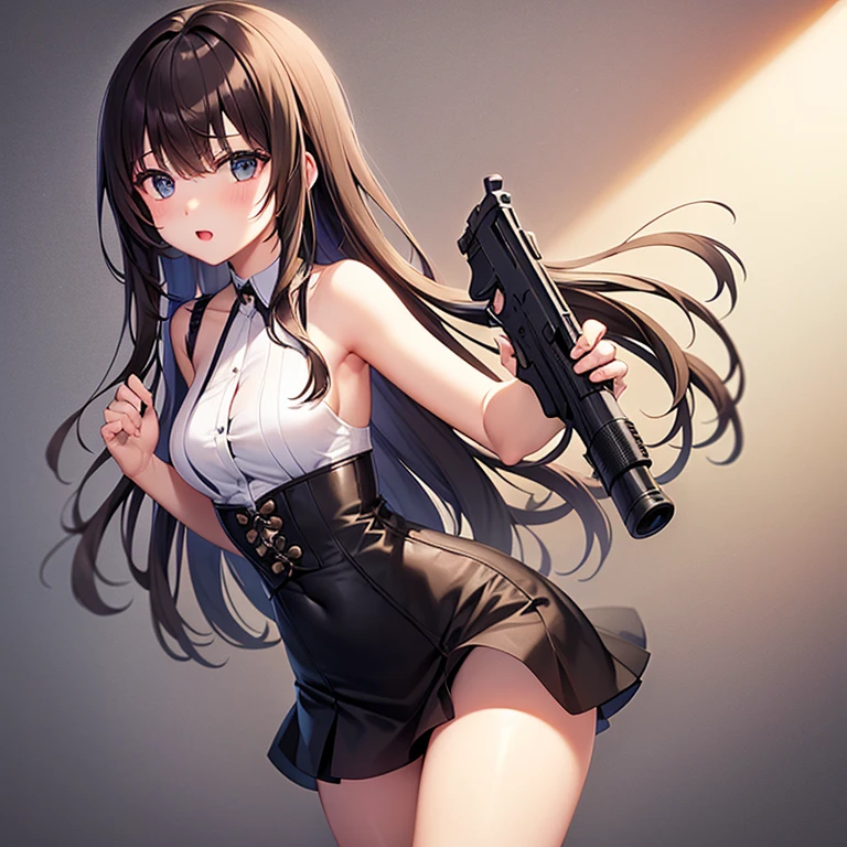masterpiece、highest quality、Ultra-high resolution、Maximum resolution、Very detailed、Professional Lighting、anime、woman、thin、so beautiful、Sexy Suit、Mini tight skirt、Garter Stockings、High heels，Has an assault rifle、Grey Eyes、Brown Hair、long hair、Fingerless Gloves、Beautiful eyes、Gloss Lip、Equipped with shooting glasses、Alone on the battlefield、Aggressive pose、