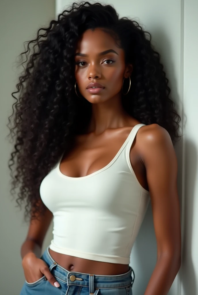masterpiece, best quality, beautiful black and Asian mixed 19 year old, ebony skin female, long, frizzy, curly dark hair, perfect face, half body, long hair