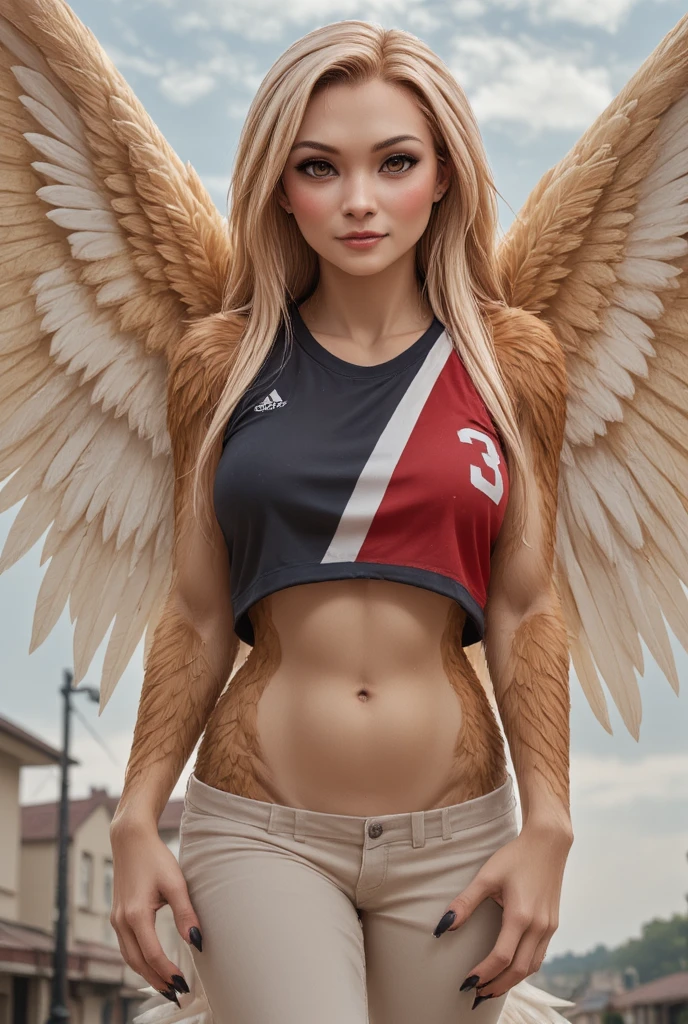 jun the swan wearing a white t-shirt, thick vertical striped pants, shopping in a busy city street, detailed face, beautiful eyes, vivid colors, highly detailed, 8k, photorealistic, concept art, vibrant cityscape, neon lights, dynamic pose, Hi3JTS, giga_busty, breasts