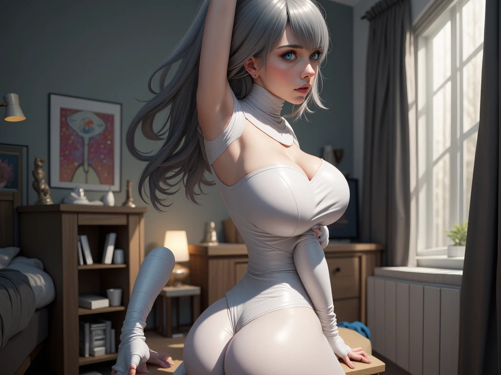 1girl, Blue eyes, Bunny costume, sexy, ass, sweating,