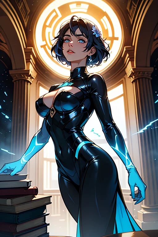 high resolution, ultradetailed, 1 girl, (very short dark blue hair with black tint:1.2), (green tight floral suit:1.1), (library ruins background:1.2 ), sunny day, ray of lights, 16k, unreal engine, UHD, photorealistic, (skin texture:1.2), (detailed face features:1.2), correct proportions, (beautiful yellow eyes:1.3), cowboy pose, pretty eyes, Iris contour, plump lips, (thin and sharp pale eyebrows), long dark eyelashes, (dynamic pose), huge ahoge, glasses, enigmatic, ginagerson, dark elf, pointy ears, light skin, full body shot, accurate small snub nose, detailed face, glasses