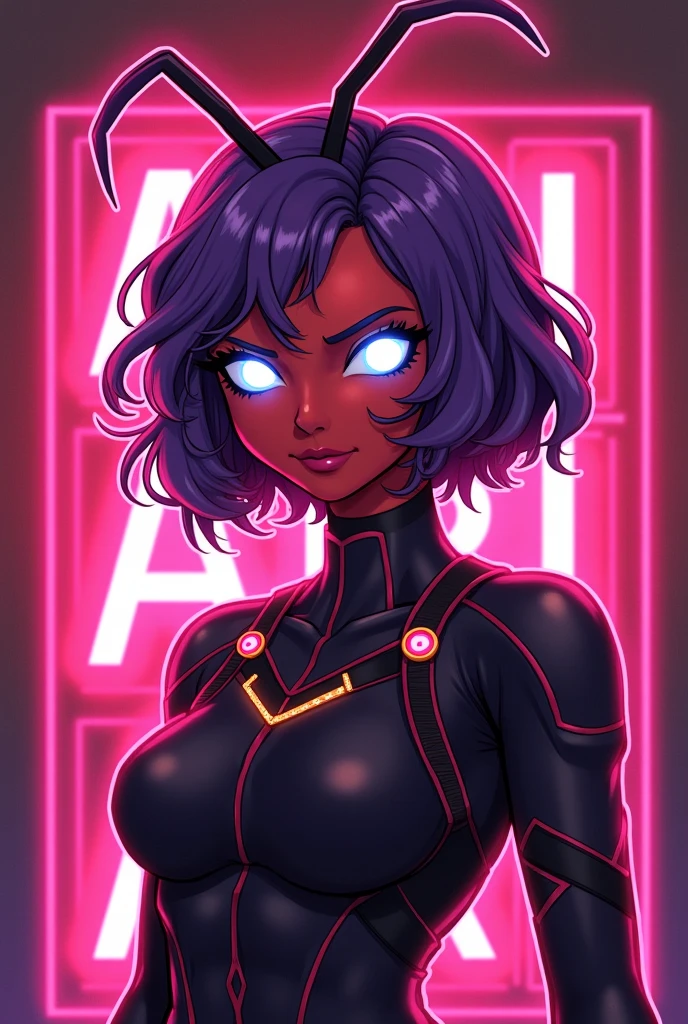 TimBurton Animation A futuristic businesswoman in formal cyber armor who is tough and impenetrable, holding a huge abstract alien gun with some neon lights and a stylish visor that covers her eyes because she is blind, and the display has neon square OLED screens and she has a menacing smile, and some faulty pixels are raining on your suit/armor as she points her gun at the roof of a future city