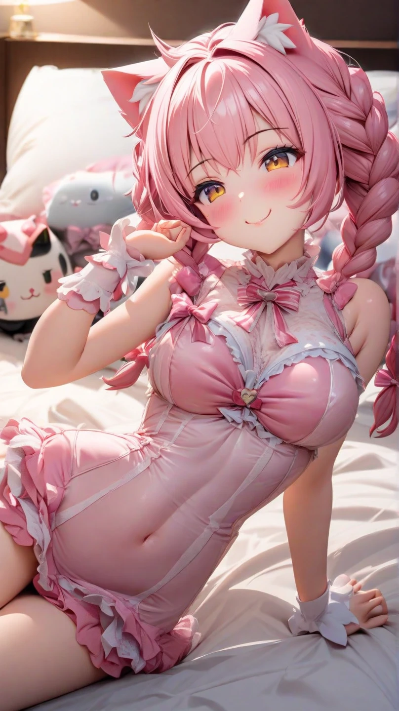 Happy , with wolf ears and pink hair, holding her cheeks, wolf tail, wearing a latex dress, looking at veiwer, full body, you can see her chest, naked breasts