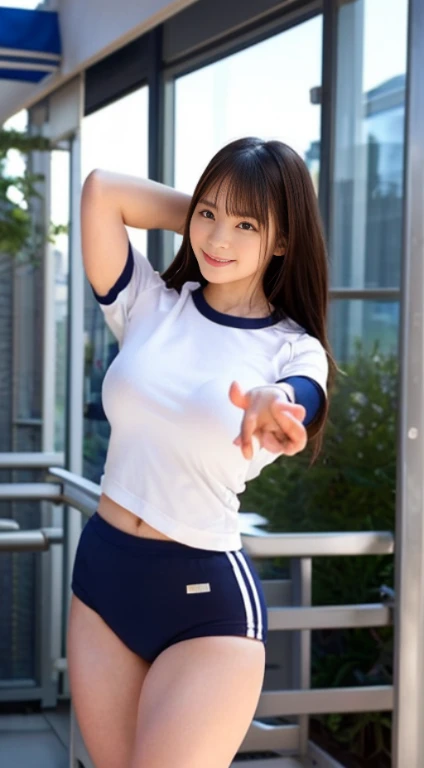 (Highest quality,masterpiece:1.3,Ultra-high resolution),(Very detailed、Caustics) (Realistic:1.4, RAW shooting、)Ultra-Realistic Capture、Very detailed、Natural skin texture、masterpiece、(Bloomers)、(A Japanese elementary school girl wearing old-style sportswear)、(White tight short sleeve shirt、dark blue short tight shorts:1.3)、Adorable expression、Expressions of happiness、10 years old、height: 140cm、Baby Face、Pure、Amazingly cute、Twin tail hairstyle、Curly Hair、Black Hair、Large Breasts、Shining thighs、Shining ass、Shooting on the main street of a tourist spot、Summer early morning、Background details、smile、An inviting gaze、(Anatomically correct)、Cowboy Shot、Attention to detail、