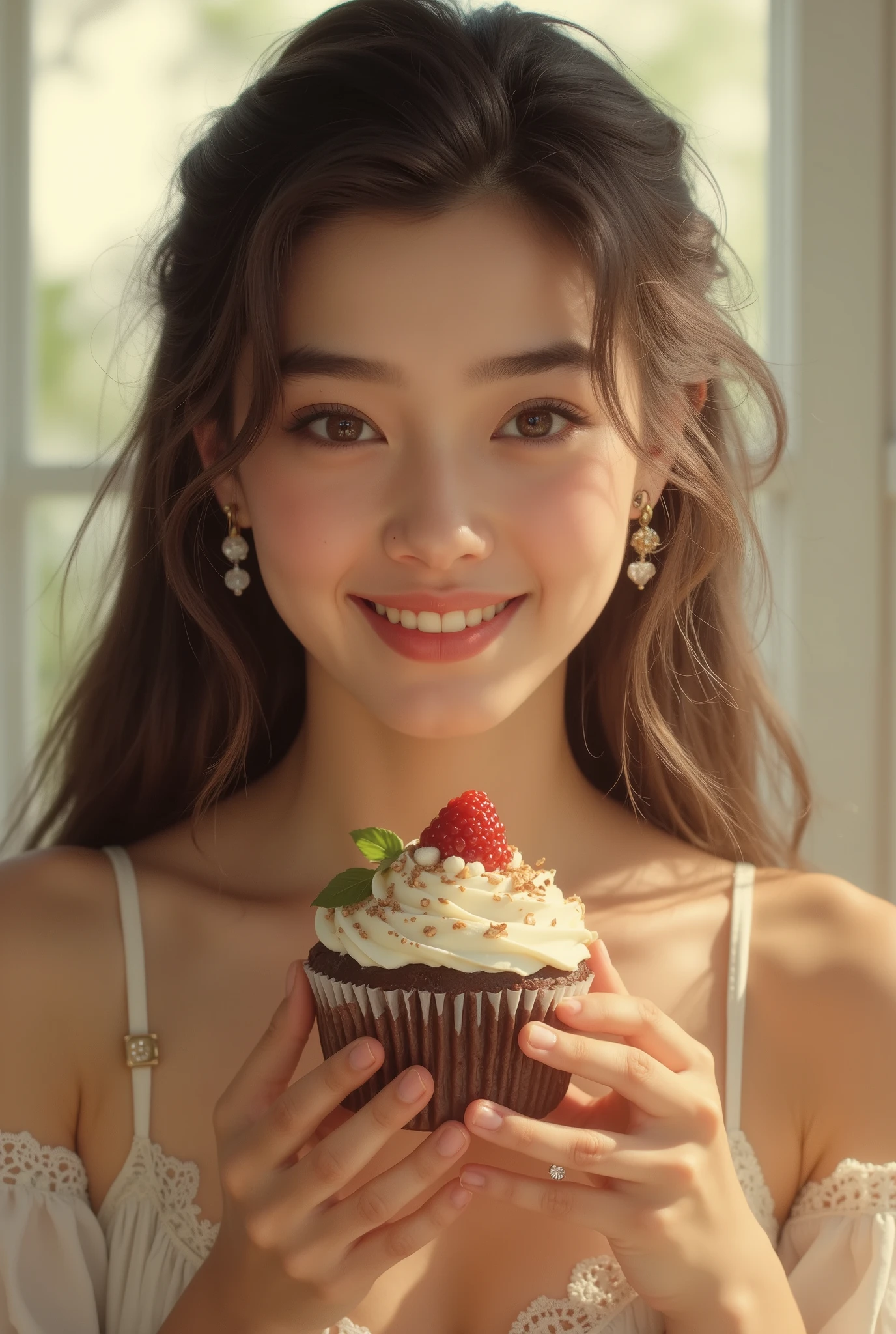 beautiful girl,holding a delicious cake in hand,smiling,graceful expression,wearing a fashionable dress,High Key Lighting,Dreamy atmosphere,precise description,8K rendering,realistic skin,Painting-like texture,Natural Light,understated colors,deep depth of field,Classic portrait style