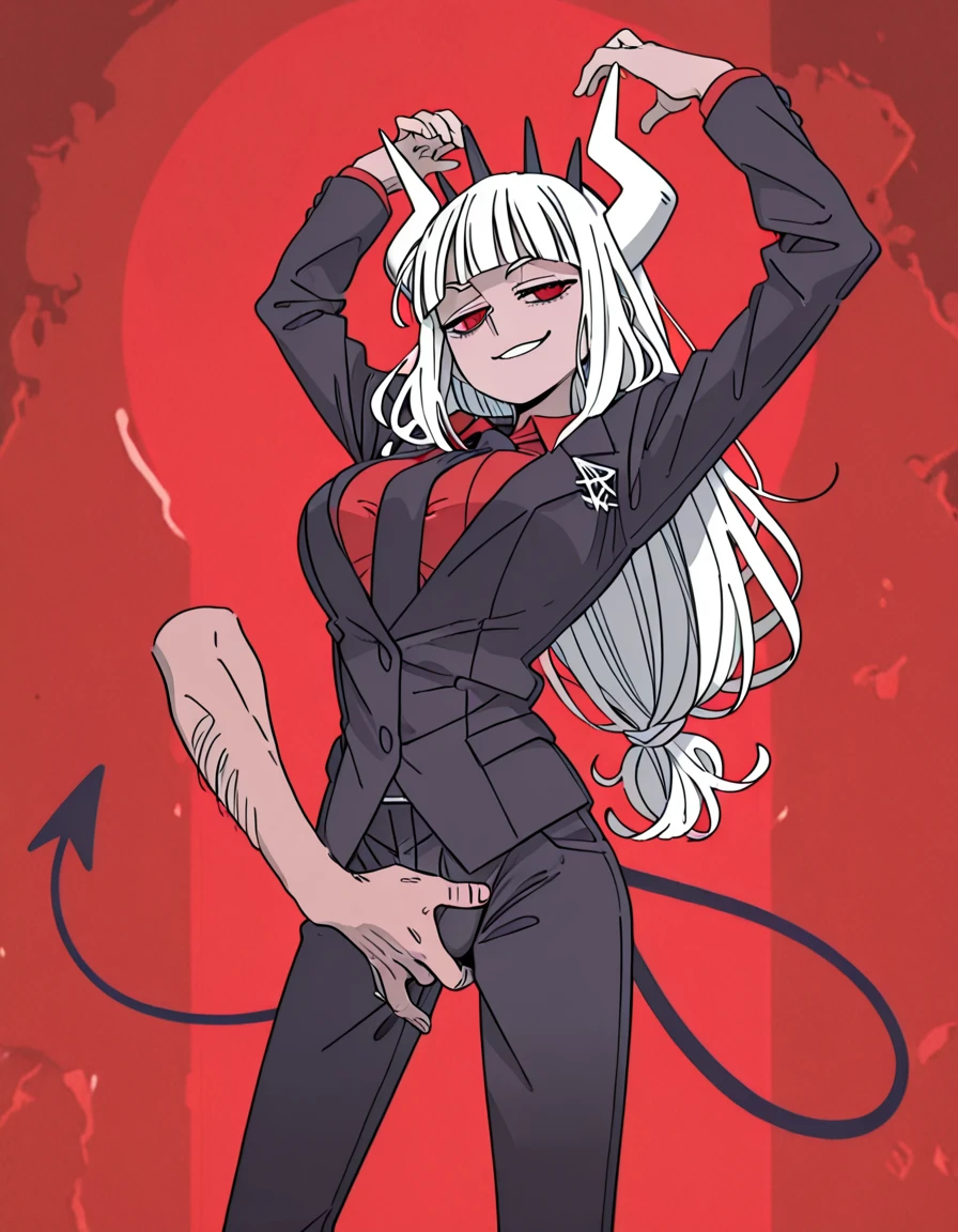 Demon Lord, White hair, black red eyes, semi nude, Sex, hypnosis, Orgasm, drool, smiling,
