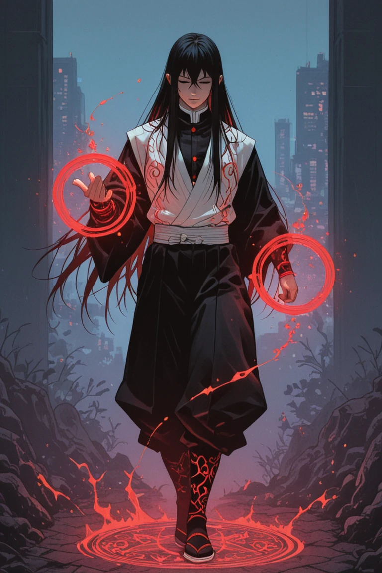 best quality, ultra high res, ((dark elf)), (1boy), (male focus), solo, ((long braided hairstyle)), (black hair color), full body, ((dark grey skin color)), pointed ears, (grey robes), sandals, grey colored pants, black colored shirt, good , correct number of fingers and toes, ((brown eyes))