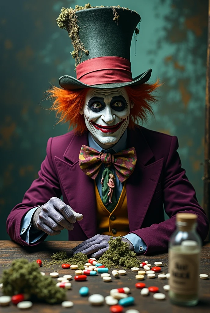 A fantasy jester with whimsical makeup, green magical smoke rising from his face, and colorful, eccentric attire. The background is a dark, enchanted forest.