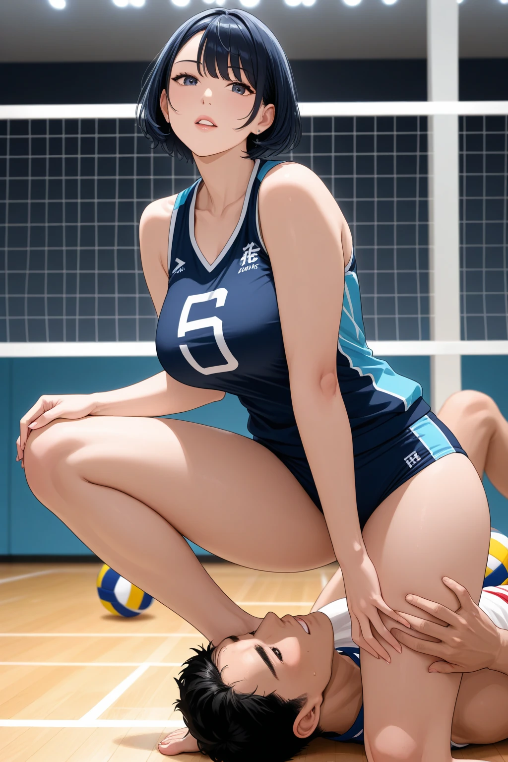 Girl with a volleyball、Leaning forward、Bend、whole body、Are standing、front
