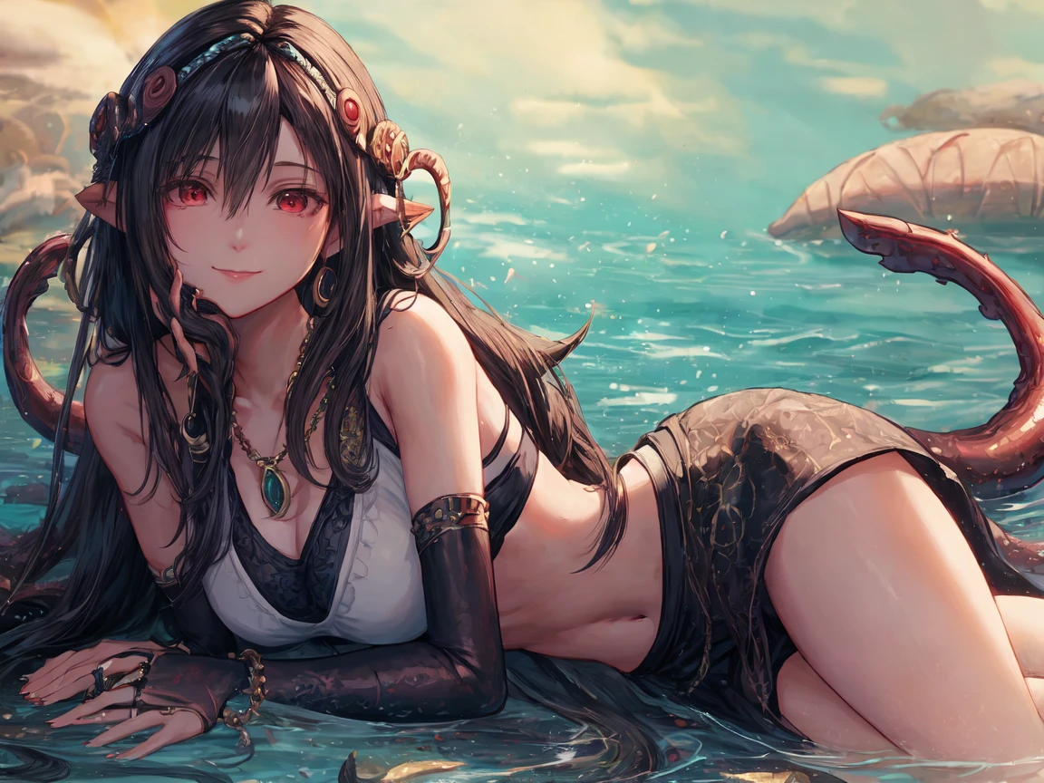 (masterpiece), best quality, expressive eyes, perfect face,1girl,hu tao_(genshin impact),monster girl,mermaid,head_fins, shell, strapless_bikini, fins, seashell, shell_bikini, shell_hair_ornament,(beautiful mermaid tail:1.4),big breasts,cleavage,(brown and orange gradient scales),navel,full body,wet,beach resort,poolside,pointy ears,long hair,(necklace),(strapless shell bikini),smiles
