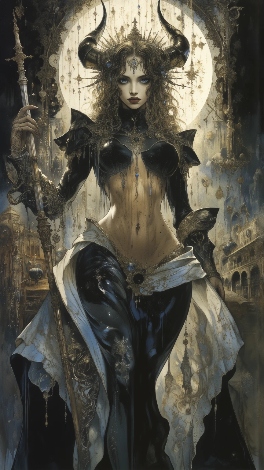 (melhor qualidade, Obra de arte), (tarot, tarot card,:1.1) em foto de corpo inteiro, mulher loira platinada solo como a poderosa Lady Death, ((Dourado card frames)), ((esoteric symbols)), sigils, fundo preto, Dourado, esoteric and glorious, epic background, Vibe Epic, in the artstyle of Mucha and in the style of tarot card