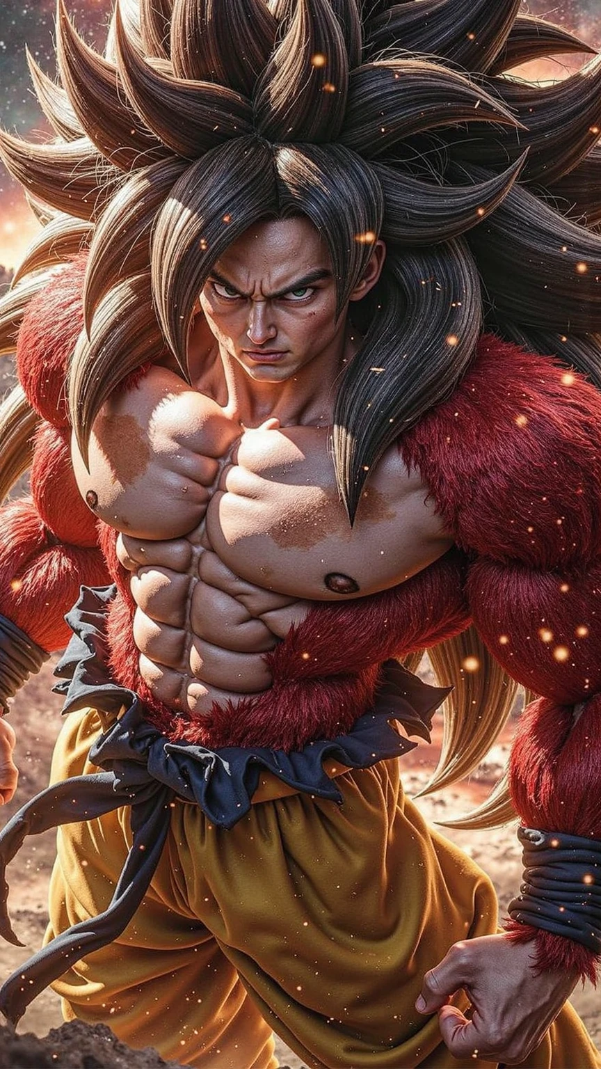 A man with a muscular body and a red jacket, Badass anime 8k, Super Saiyan 3, hd Anime wallpapers, broly, photorealistic Human Goku, dragonball character, Human Goku, detailed Anime character art, High quality anime art style, Highly detailed anime, 4k manga wallpaper, Anime character, Anime wallpapers, Super Saiyan