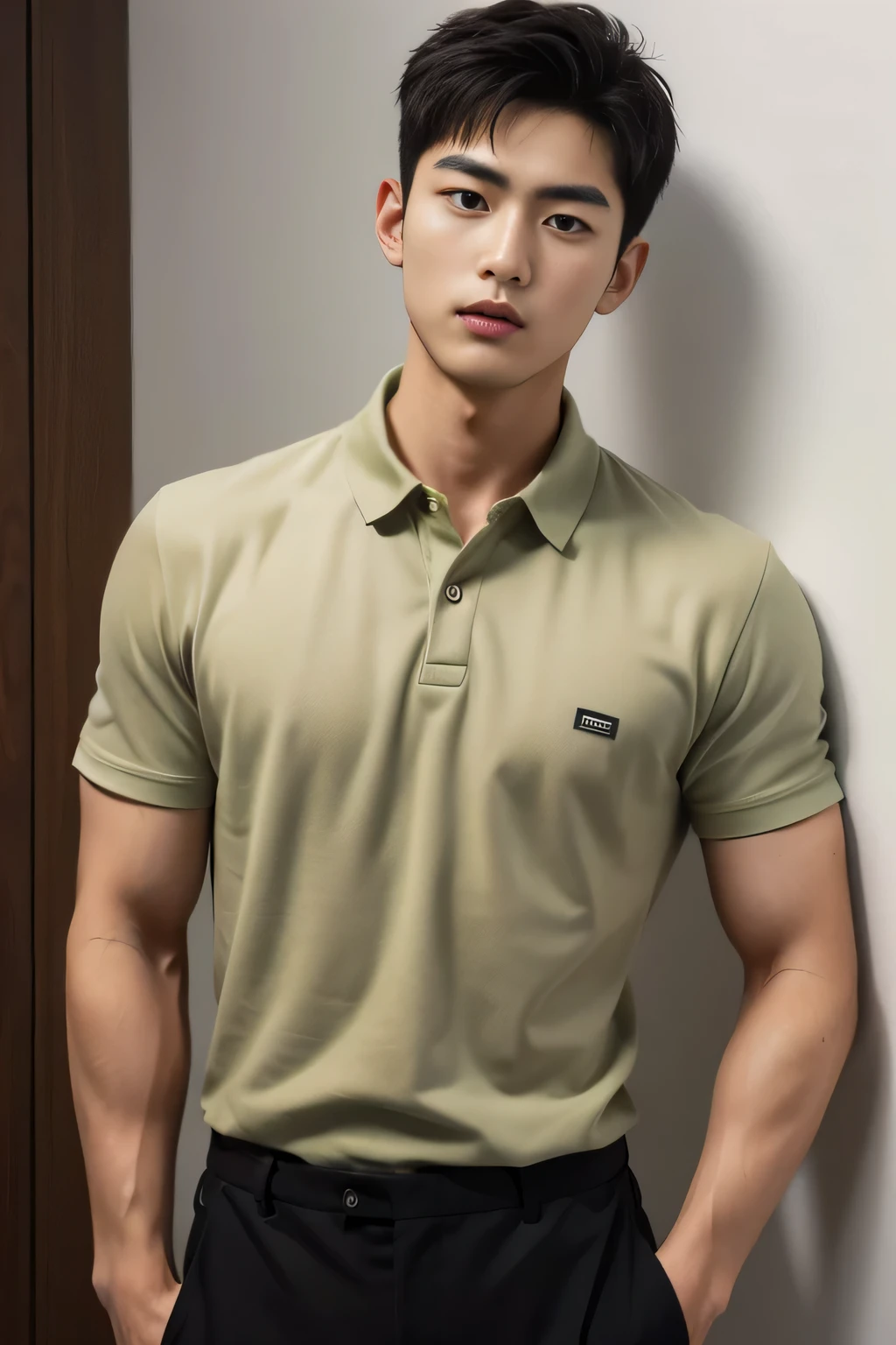 (Masterpiece: 1.2),(CGI art:1.3),(realistic:1.5),(post processing:1.3), (sharp focus:1.3), Asia, 1 male, Korean guy , korean men, (High gloss details), chest muscles, Big arm muscles, blood vessel, big muscles, shoulder, looking at the audience, Balancing the eyes ,(black polo shirt ),(jeans), , By the sea, beach, sunlight, Run towards the camera..