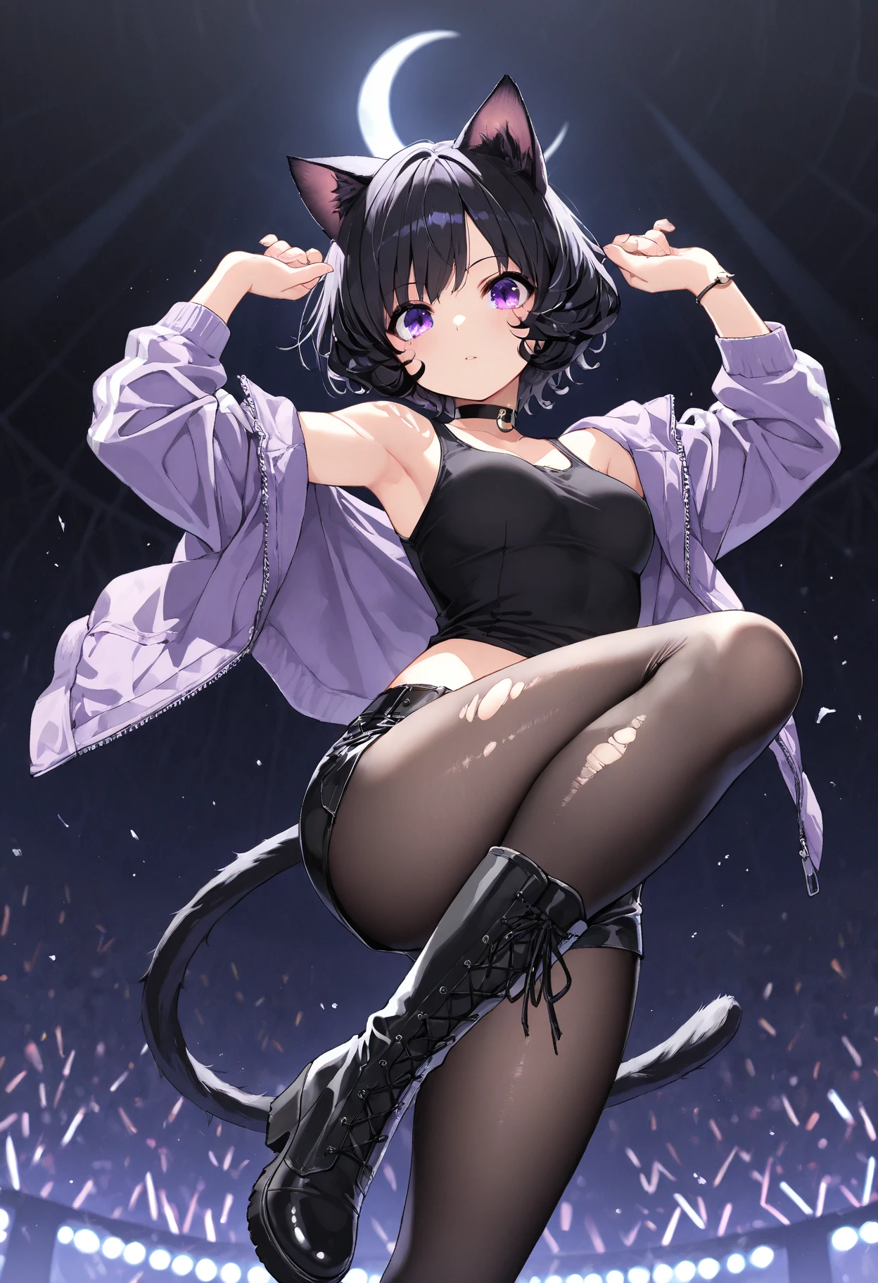 (masterpiece, best quality, high resolution), mikictr, 1girl, solo, stud earrings, lipstick, on stage , cat girl cosplay, neck choker, cat ears, cat tail, midriff, pokies, hard nipples unde cloths,leather micro minidress:1.4, lace long elbow high gloves, lace top fishnet thighhighs, platform high heels, lipstick, black eyes, cowboy shot, 1990s (style), retro artstyle, smile, open mouth, night club, platform stage,<lora:GoodHands-vanilla:1> <lora:Miki_V5-E10_(ViperCTR):0.7> , <lora:add_detail:0.6>