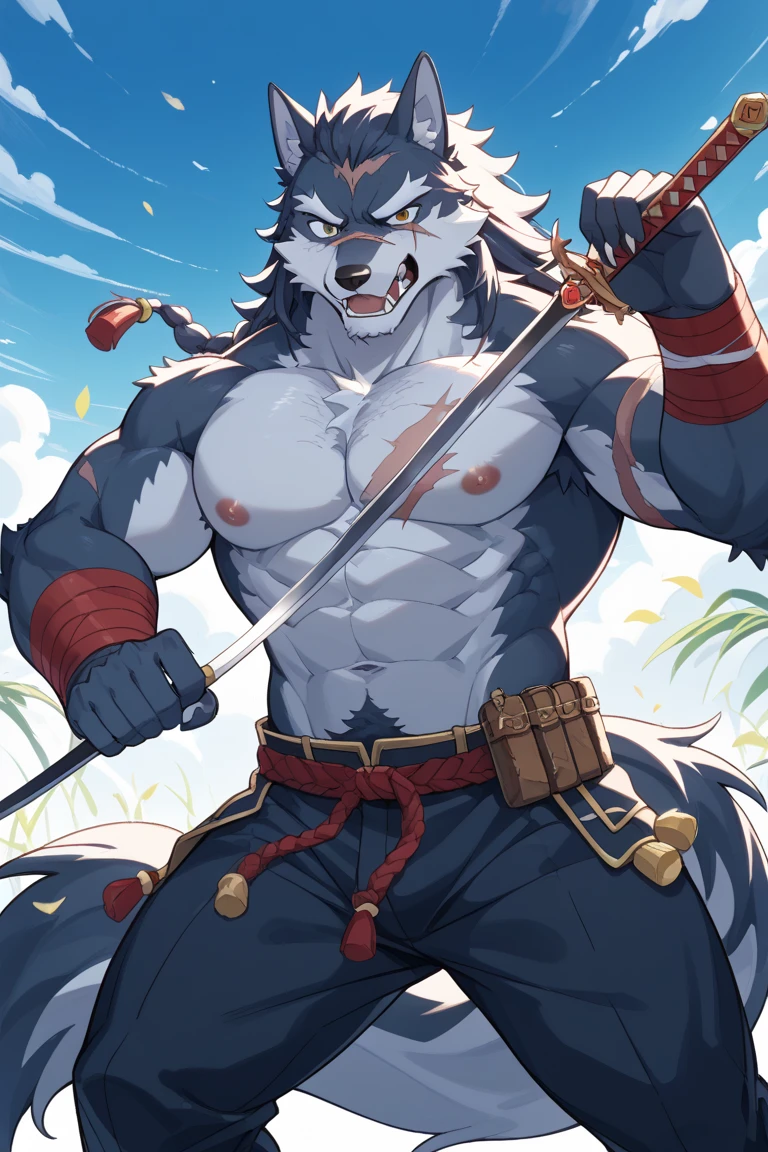 absurdres, ((best quality)), ((masterpiece)), (ultra detailed), perfect face,(sharp eyes),sharp focus,japanese anime,manga,(by null-ghost,by traver009,by lindong,by pino daeni), (male antro wolf):2.0,((deep indigo fur)), ((white belly)), vertical white on forehead, sharp eye,ultra-detailed eyes, exquisite eyes, (blue eyes), (wearing loinclothes),muscular male, reflection, (Great physique),strong arms man,middle-age, strong, (((sfw:1.5))), ((abs, strong muscle, 8 pack)), shirtless, claw, pink nipples, white fluffy chest hair, (indigo wolf tail, long fluffy tail), handsome, majestic, Delicate canine teeth, official art, hairy, male, in the bamboo forest , (full body view)