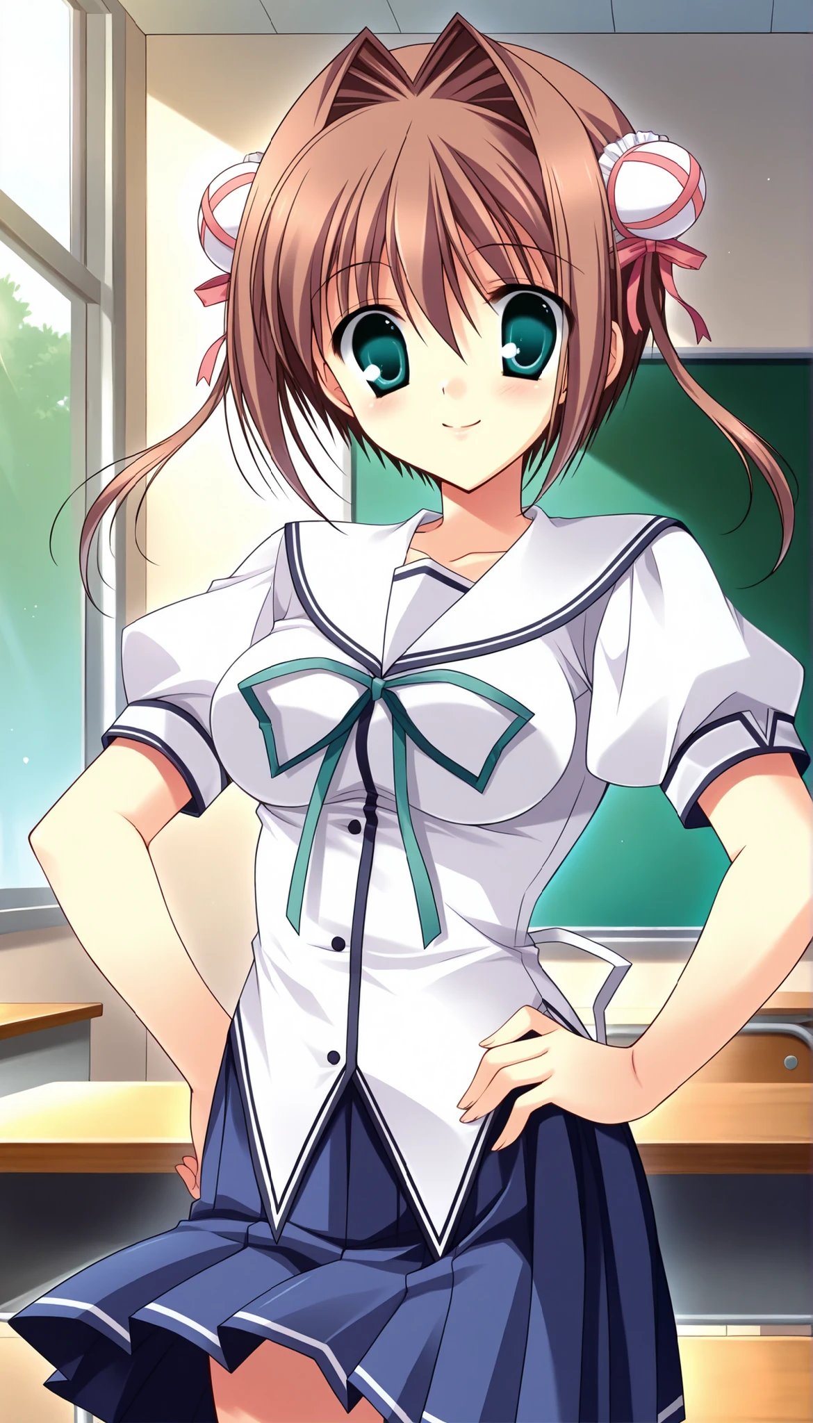 one girl，full body figure，ロリbig breasts、child、low length、very big boobs，big boobs，perfect 5-fingered hands、mini skirt、I can see white panties、whitepanty、shy face、perfect thing、highest quality、big breasts、detailed description、small details、detailed face、white skin、lift skirt、Skirt flip、classroom、erotic pose、Nanoha Takamachi、takamachi nanoha、magical girl lyrical nanoha