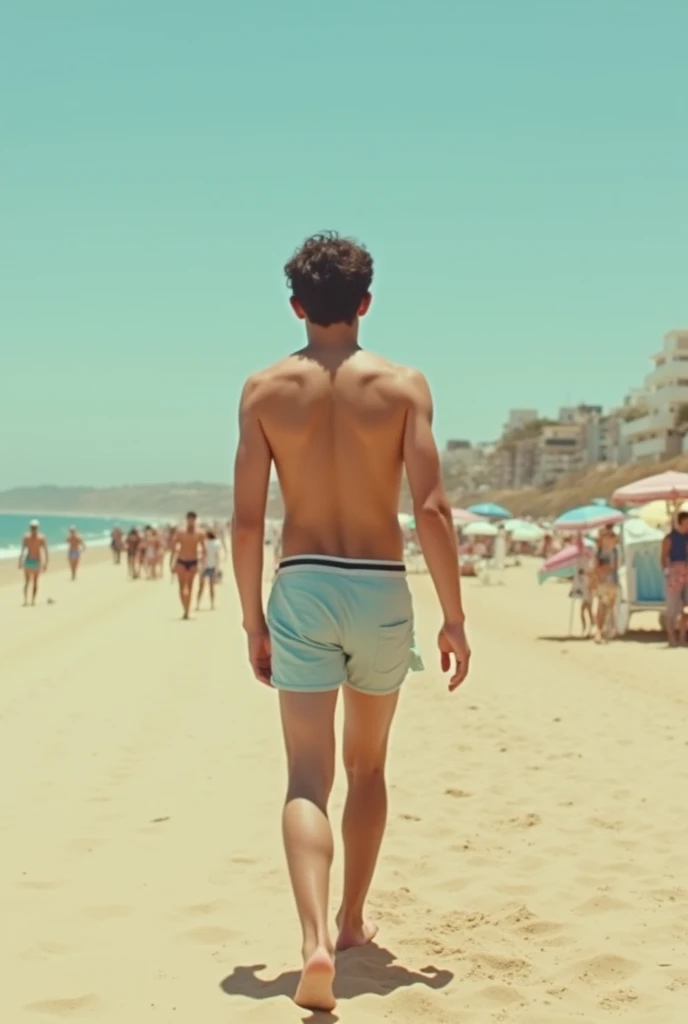 Dos handsome 27-year-old tall white young man in a men's fashion show on the beach shore wearing a de arco iris swimsuit with a beach ball in his hand. Many people applaud him and bubbles are around him. Tight boxer shorts in the color arco iris flag. Unshaved, white, tall with black hair flaquito