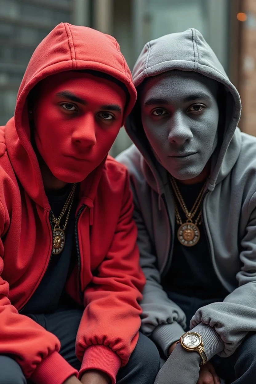 2 guys in a ski mask, sitting  back to back, angry, iced out with chains, one saying "DANXVA"and the other saying "TIMBO", dripped out with red deaigner clothing, 4k, lighting, red lighting, dark black background