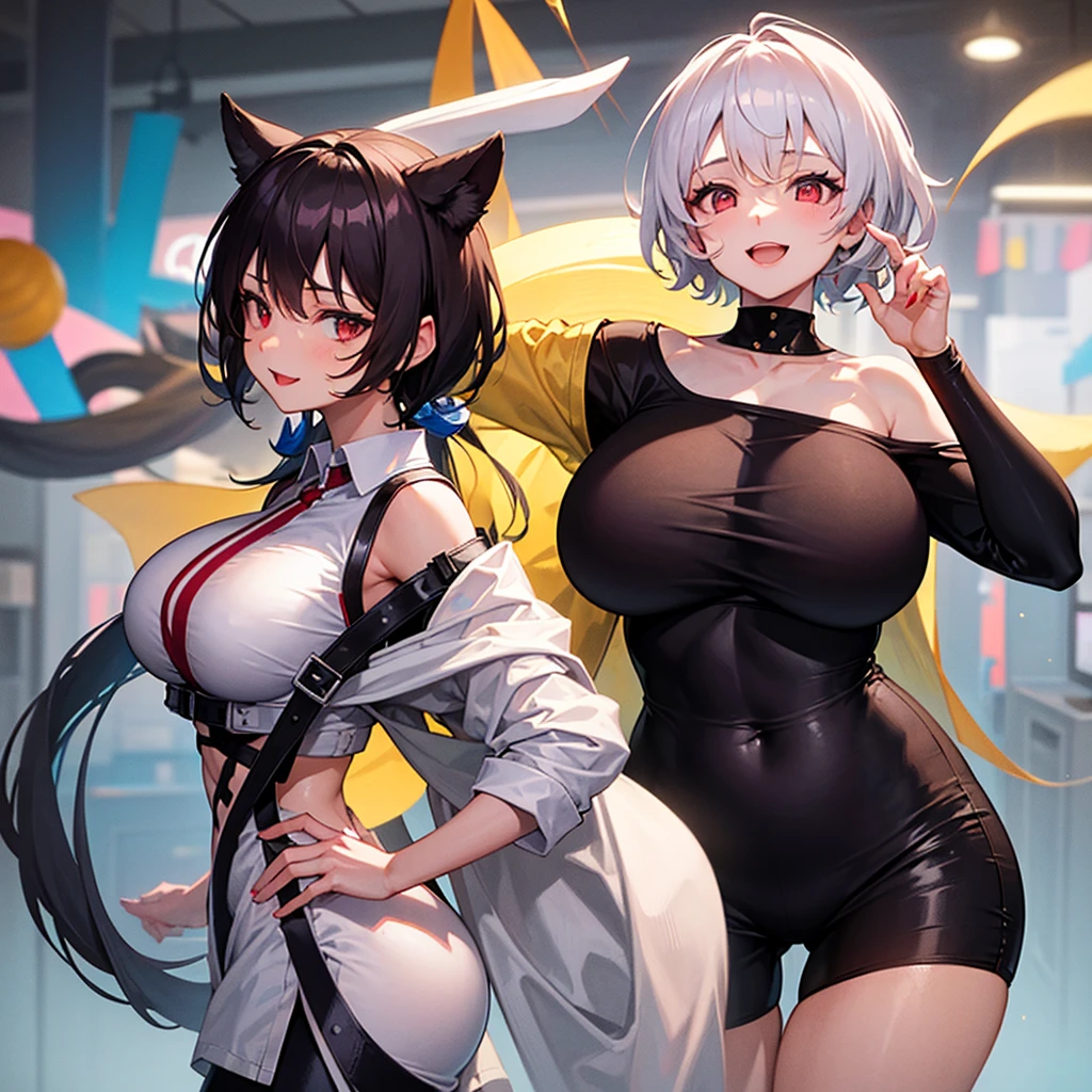 All intricates detail: "(three clone girls are holding hands and smiling, dog ears, only 3 girls view, 18 years old, red eyes, (black demon tail), long white hair, fangs, red shirt, arm garter, open mouth, black vest, gloves, looking at viewer, smile, black gloves, very short tight black lycra pants, firm breasts, simple black background, back side lighting)"