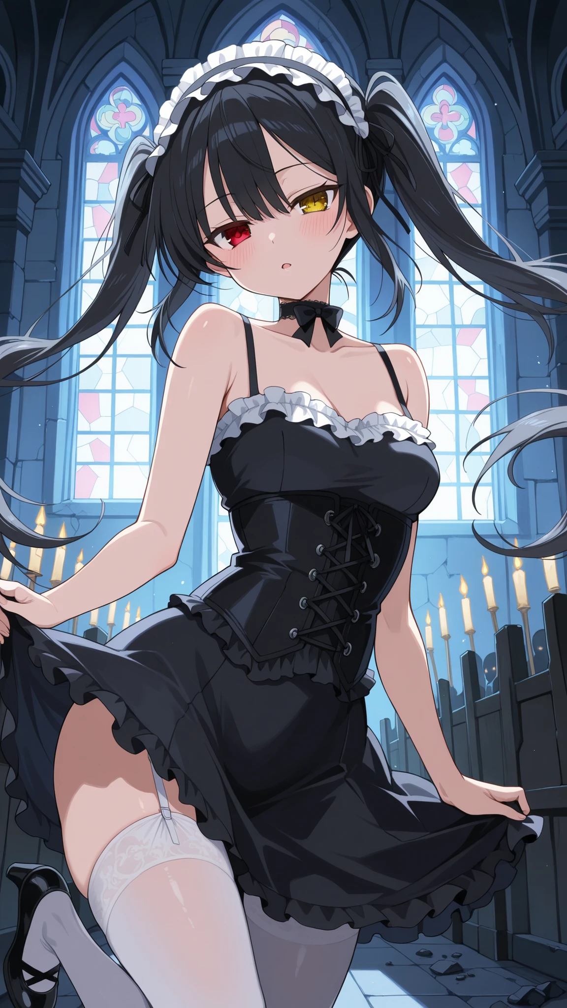 BREAK (masterpiece:1.2), best quality, high resolution, unity 8k wallpaper, (illustration:0.8), (beautiful detailed eyes:1.6),dark gothic church interior, dim lighting, eerie atmosphere, high vaulted ceilings, flickering candles, shadows creeping along the stone walls, broken stained glass windows, abandoned and mysterious, medieval architecture, baroque elements, ambient fog, 4K, dramatic light and shadow play,kurumi tokisaki, long hair, black hair, red eyes, twintails, yellow eyes, hairband, heterochromia,bare shoulders, collarbone, choker, bowtie, corset,frills,sexy nun uniform,short uniform,white stockings,raised hips,blush, seductive expression,floating hair,looking at viewer,arched back,high heels,cowboy shot,