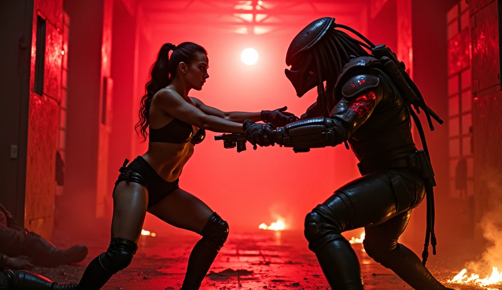 Margot Robbie is Lara Croft, fighting Monster woman,in room jail, in style sexy ,dynamic scene,physique Athletic ,full body