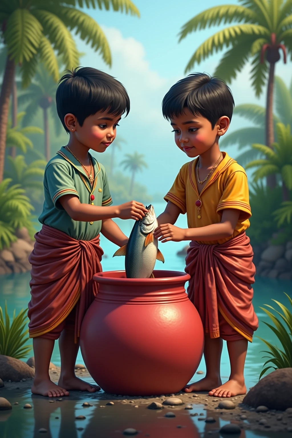 Characters: Ramoo and Shyamu, both dressed in simple village attire, standing at the river's edge.Action: They are examining a large stone blocking the river’s flow.Expressions: Ramoo looks determined, while Shyamu appears encouraging and hopeful