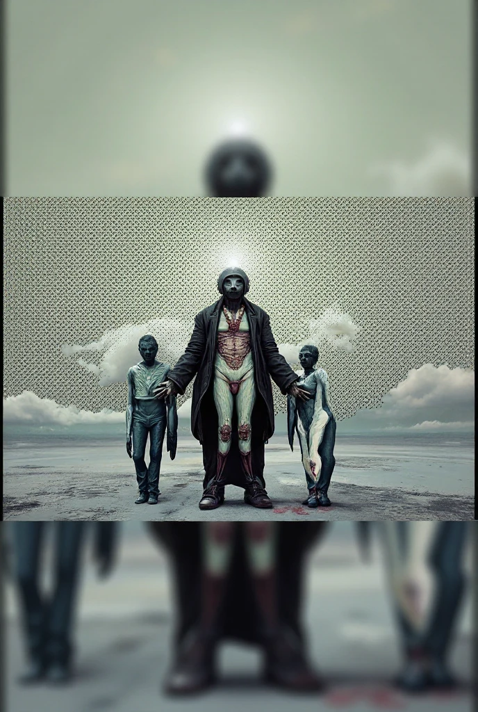 a nun with a demon face running after a boy in blue clothes a black woman running away from the nun a black man in a white suit a white hat with red standing in front of the scary nun an abandoned house in the background