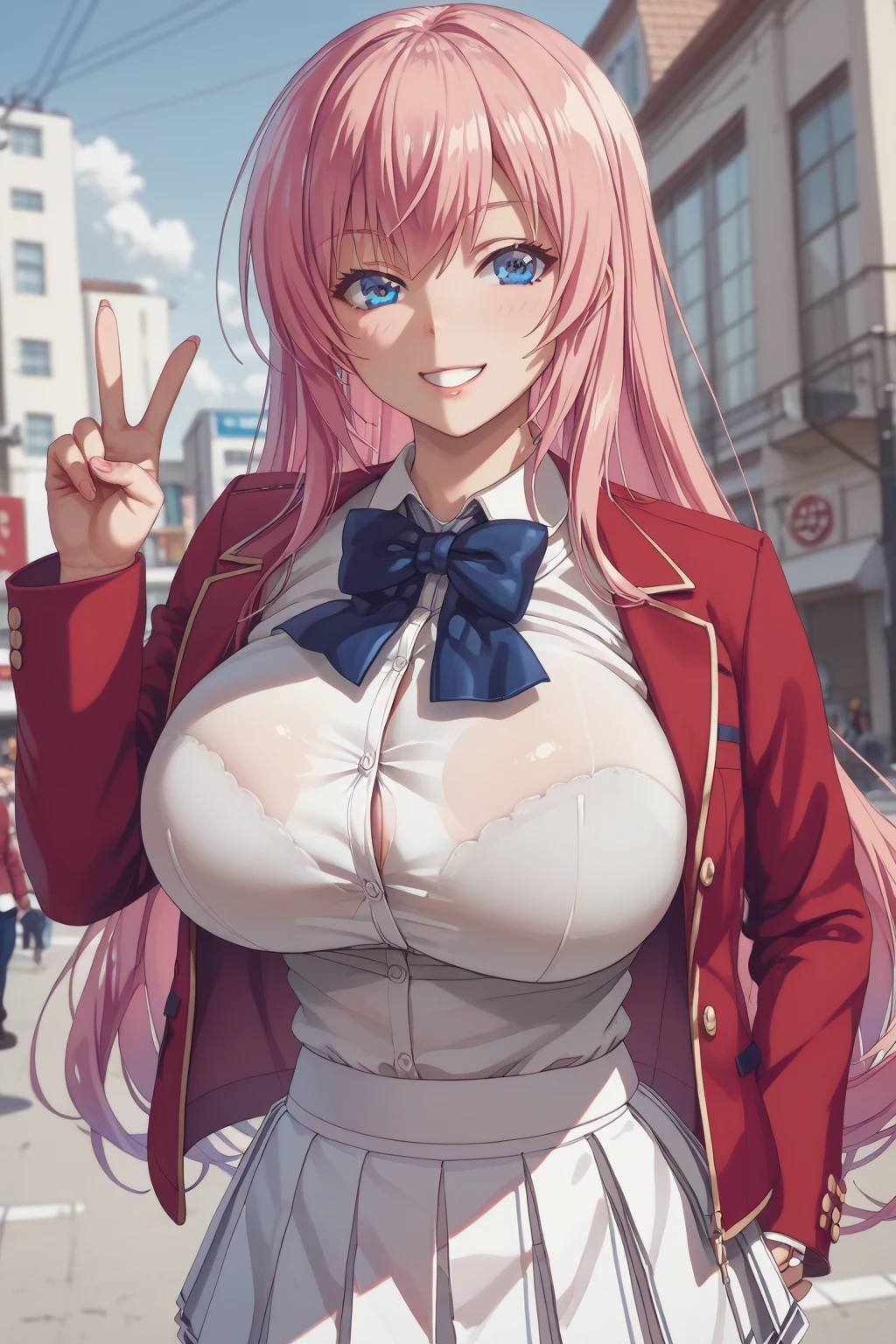 long pink hair, high school student, age 18, enormous breasts, unbuttoned, smirk