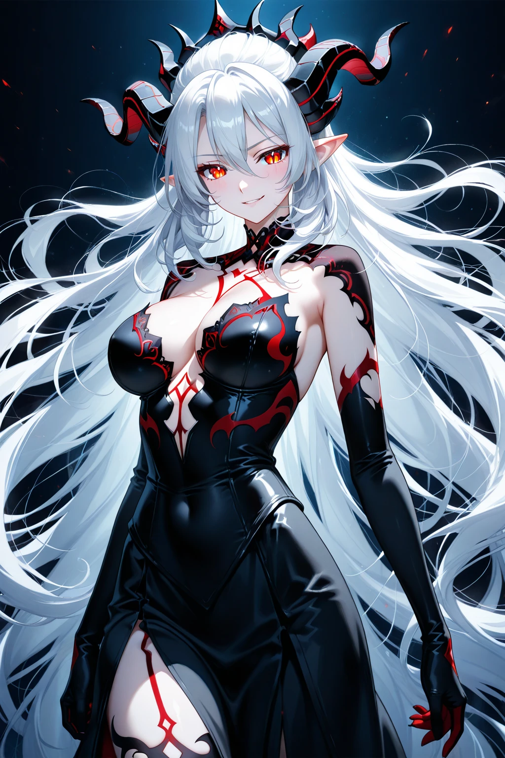 (High quality, High resolution, Fine details), (Blue Moon), (Dark Elf), solo, curvy adult women, (Glowing Red Eyes:1.2), (Detailed eyes:1.2), grin, (Dark atmosphere), (Dark Tone), shallow depth of field