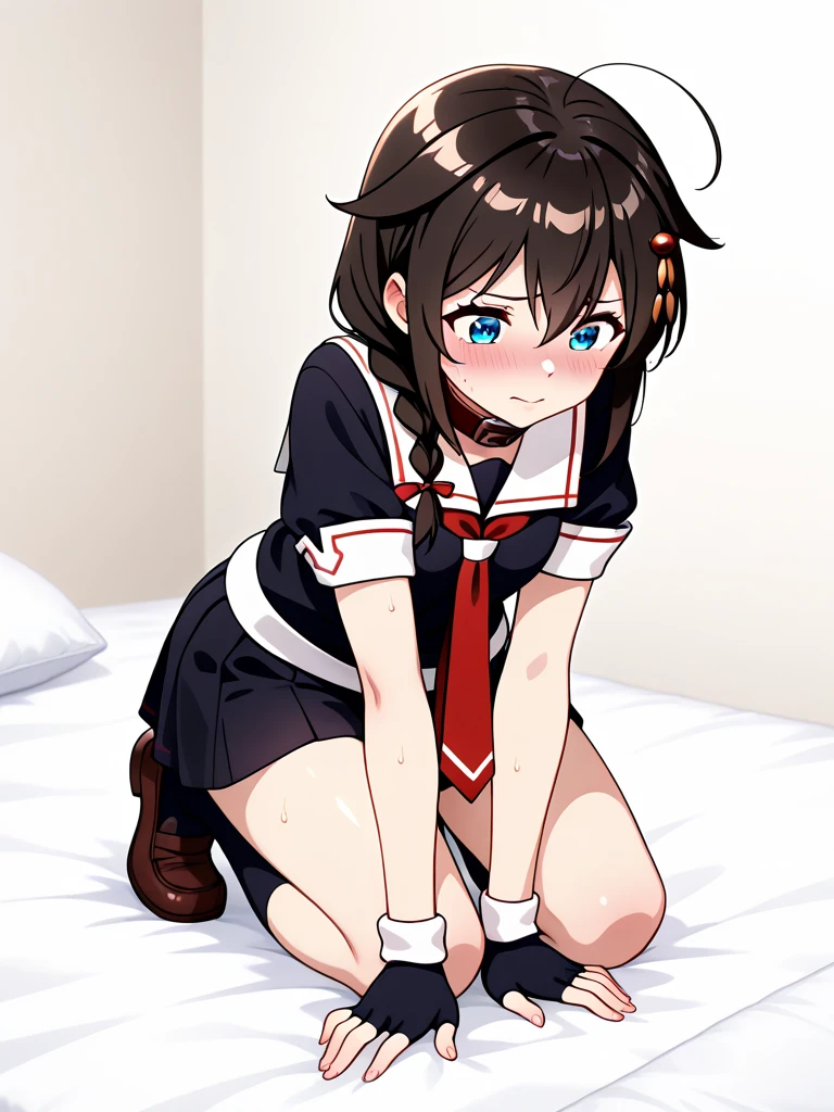 masterpiece:1.5, high quality, , blush, closed mouth, looking at viewer, lying, on back, knees up,  on the bed,  knees on chest, ((spread legs)), indoor, (((white panties))), panty shot, wide-eyed, smile, upper body, front view, hachikuji01, long hair, brown hair, red eyes, flat chest, long twintails, twintails, hair ribbon, white hairband, mini skirt, shirt, ribbon, green bracelet, school uniform, white shirt, short sleeves, blue skirt, suspenders, suspender skirt, white socks, star \(symbol\), loli, official style, in bakemonogatari style, skirt lift, Skinny, petite body, Slim Body, Slim waist, Slim legs, Slim hips, loli, kawaii, cute, petite