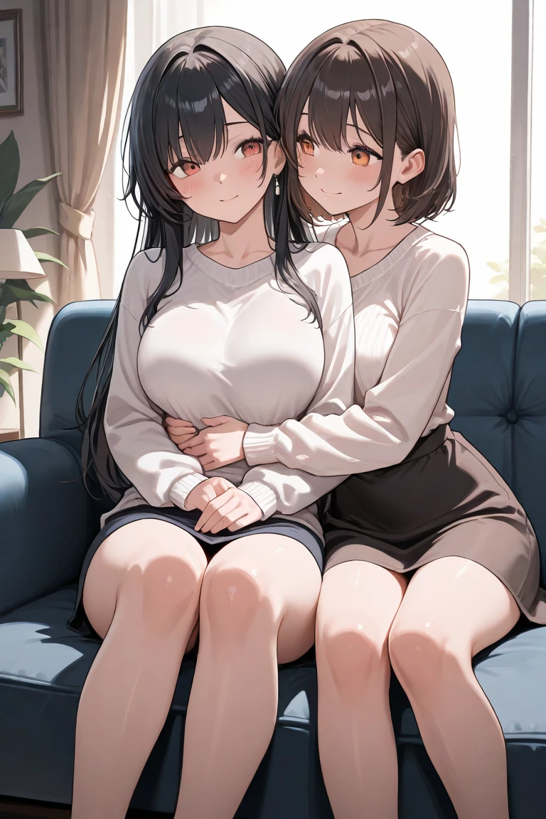 masterpiece, best quality, child, sisters, age difference, older sister, younger sister, (1girl, mature female, medium hair, light brown hair, grey eyes, black shirt, long sleeves, pants, denim, big breasts, surprised, looking down at own breasts, hands on own breasts), (1girl, very short hair, brown hair, brown eyes, red shirt, short sleeves, black shorts, happy, closed eyes, hugging leg), breast size difference, indoors