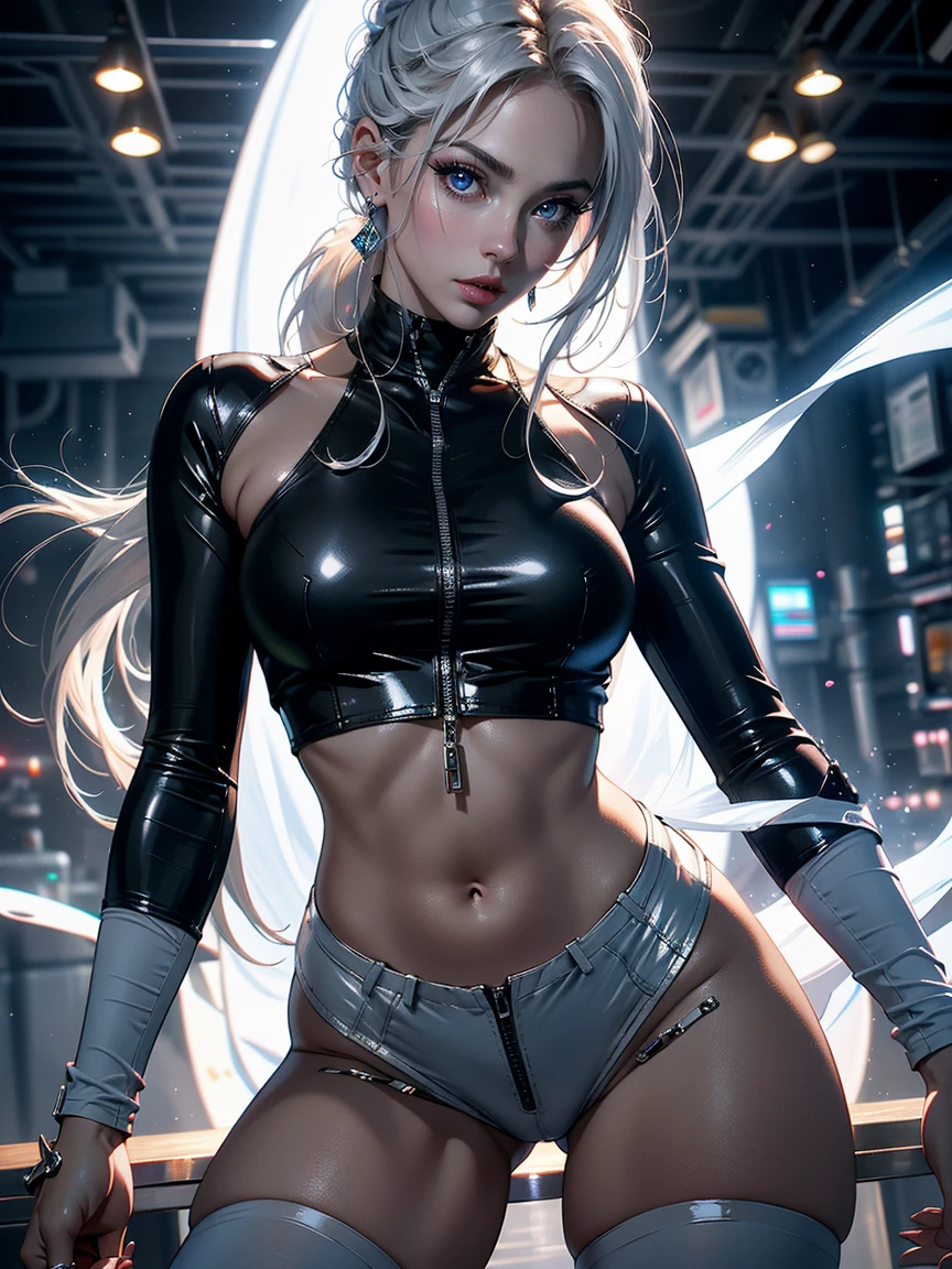 Goddess ((goddess-like woman)), slim elegant silhouette, masterpiece, (close angle), best quality, pale skin, fair skin, sweet face, (masterpiece:1,2, best quality), (real picture, intricate details), (1 lady , solo, medium , slim waistline, ), ((Jinx/LOL)), a tall and well-endowed young woman with long, light-blue hair. She has blue eyes, prominent eyelashes, and thin, lightning-bolt shaped eyebrows.[4][5] Her attire is a white crop top and blue jeans. She holds a gun in her hands in an epic way.[7], sweet smile, thigh gap, sweet irresistible smile, elegant pose, elegant hands, beautiful hands, perfect fingers, background: post-apocalypse, burning city, epic shot