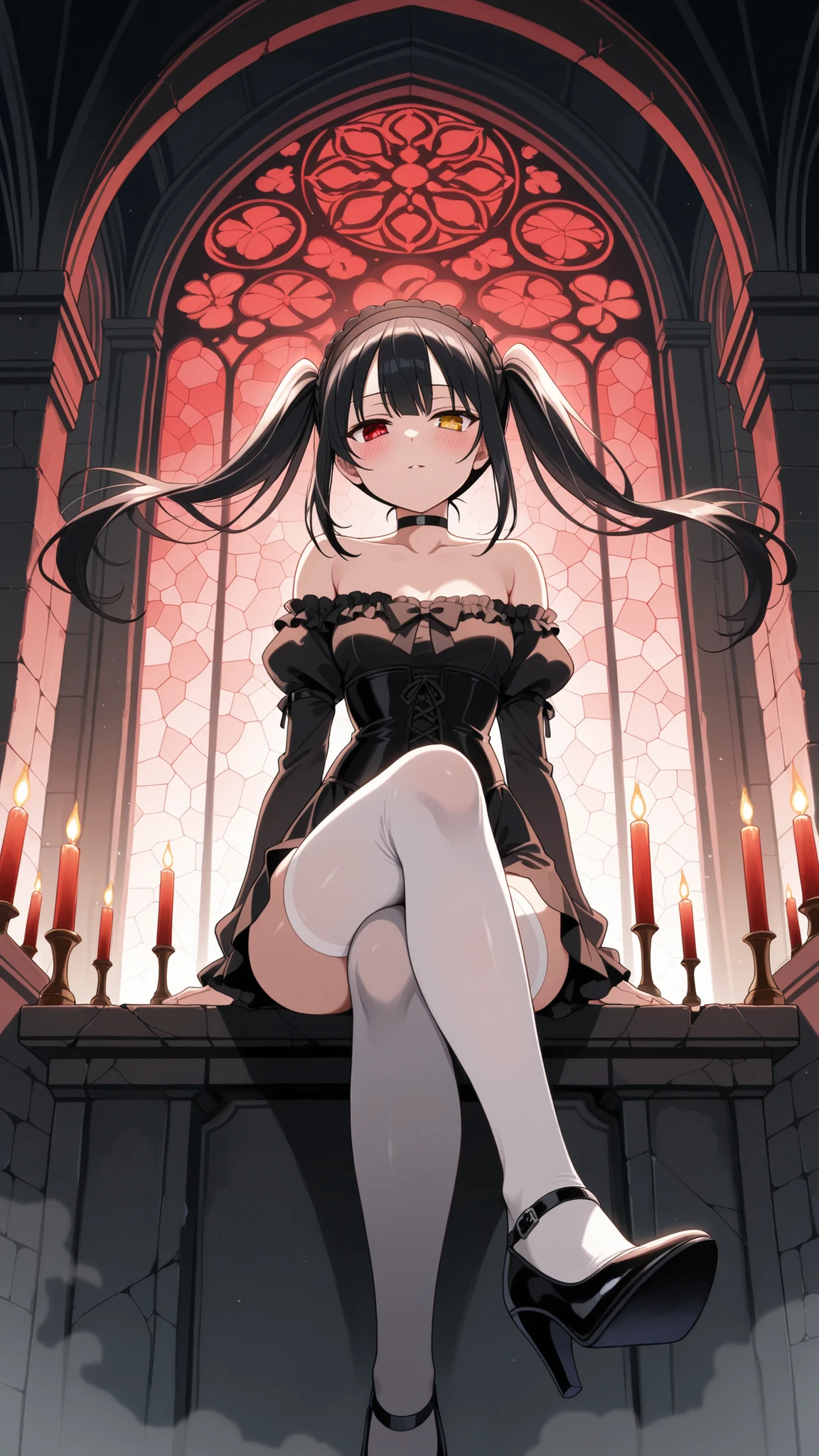 BREAK (masterpiece:1.2), best quality, high resolution, unity 8k wallpaper, (illustration:0.8), (beautiful detailed eyes:1.6),dark gothic church interior, dim lighting, eerie atmosphere, high vaulted ceilings, flickering candles, shadows creeping along the stone walls, broken stained glass windows, abandoned and mysterious, medieval architecture, baroque elements, ambient fog, 4K, dramatic light and shadow play,kurumi tokisaki, long hair, black hair, red eyes, twintails, yellow eyes, hairband, heterochromia,bare shoulders, collarbone, choker, bowtie, corset,frills,sexy nun uniform,short uniform,white stockings,raised hips,blush, seductive expression,floating hair,looking at viewer,arched back,high heels,cowboy shot,wide-angel,red lights,sitting,cross legs,from below.