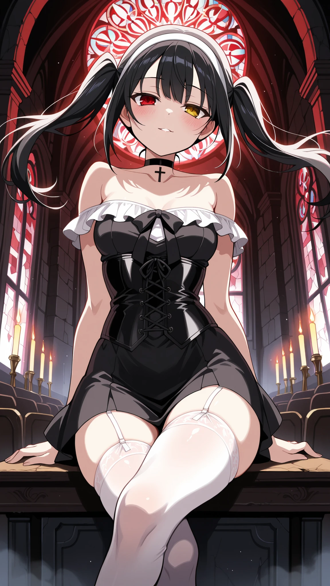BREAK (masterpiece:1.2), best quality, high resolution, unity 8k wallpaper, (illustration:0.8), (beautiful detailed eyes:1.6),dark gothic church interior, dim lighting, eerie atmosphere, high vaulted ceilings, flickering candles, shadows creeping along the stone walls, broken stained glass windows, abandoned and mysterious, medieval architecture, baroque elements, ambient fog, 4K, dramatic light and shadow play,kurumi tokisaki, long hair, black hair, red eyes, twintails, yellow eyes, hairband, heterochromia,bare shoulders, collarbone, choker, bowtie, corset,frills,sexy nun uniform,short uniform,white stockings,raised hips,blush, seductive expression,floating hair,looking at viewer,arched back,high heels,cowboy shot,wide-angel,red lights,sitting,cross legs,from below.