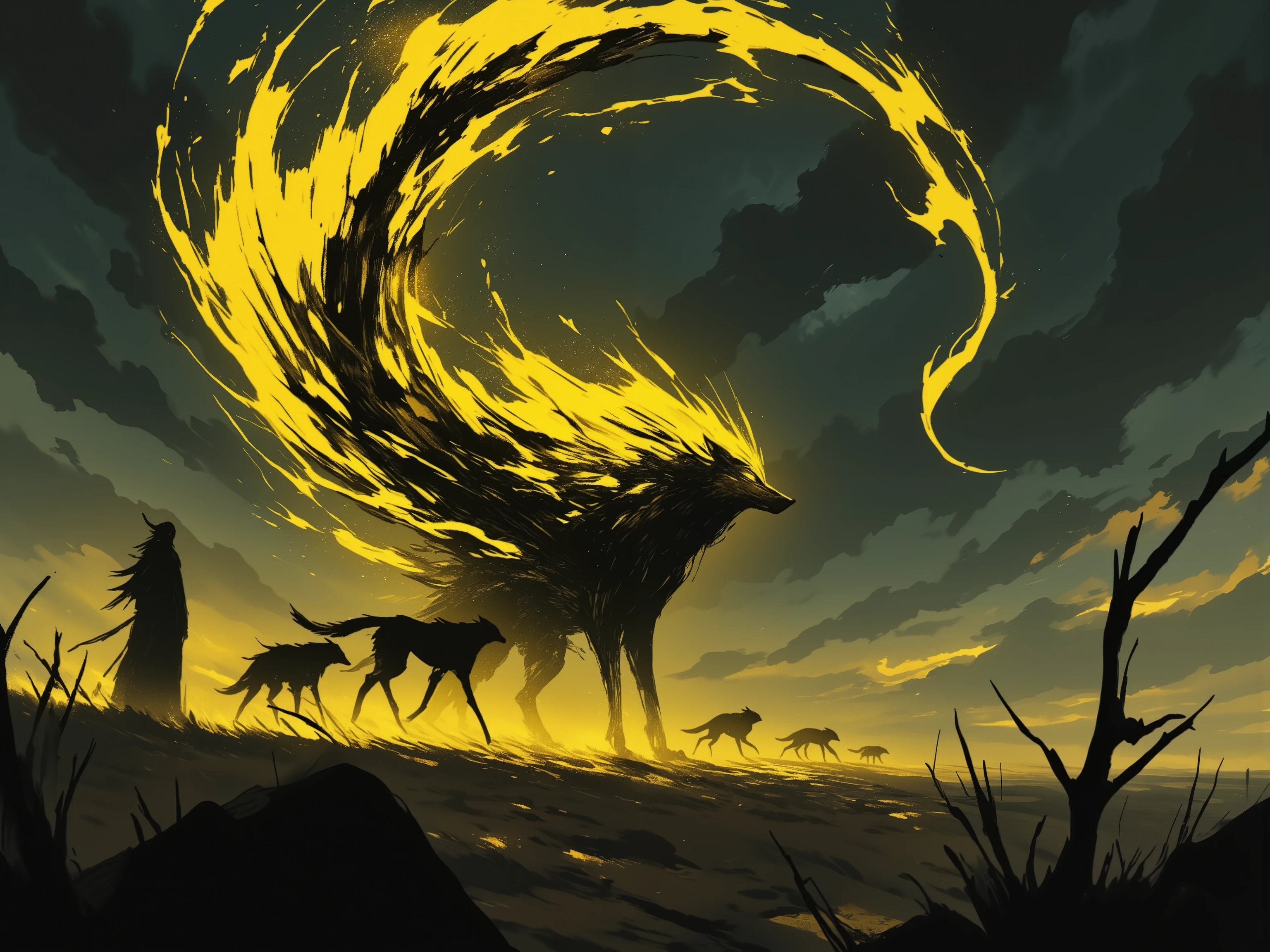4pp4l4chi4 Folk Horror, NieR, a wolf made up of swirling yellow and black shadows, leading a pack of realistic wolves, in a desert, realistic background, dark clouds 