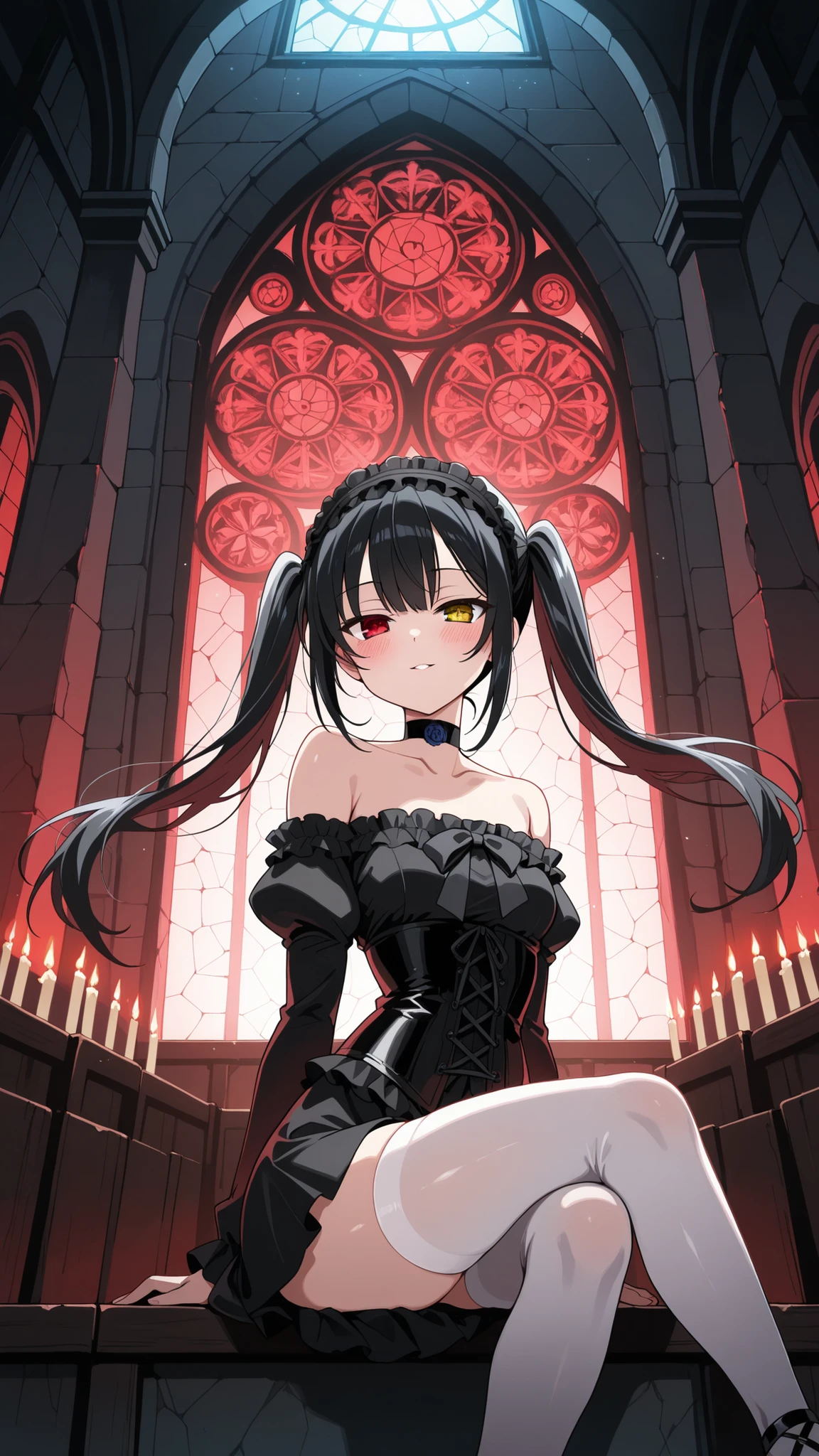 BREAK (masterpiece:1.2), best quality, high resolution, unity 8k wallpaper, (illustration:0.8), (beautiful detailed eyes:1.6),dark gothic church interior, dim lighting, eerie atmosphere, high vaulted ceilings, flickering candles, shadows creeping along the stone walls, broken stained glass windows, abandoned and mysterious, medieval architecture, baroque elements, ambient fog, 4K, dramatic light and shadow play,kurumi tokisaki, long hair, black hair, red eyes, twintails, yellow eyes, hairband, heterochromia,bare shoulders, collarbone, choker, bowtie, corset,frills,sexy nun uniform,short uniform,white stockings,raised hips,blush, seductive expression,floating hair,looking at viewer,arched back,high heels,cowboy shot,wide-angel,red lights,sitting,cross legs,from below.